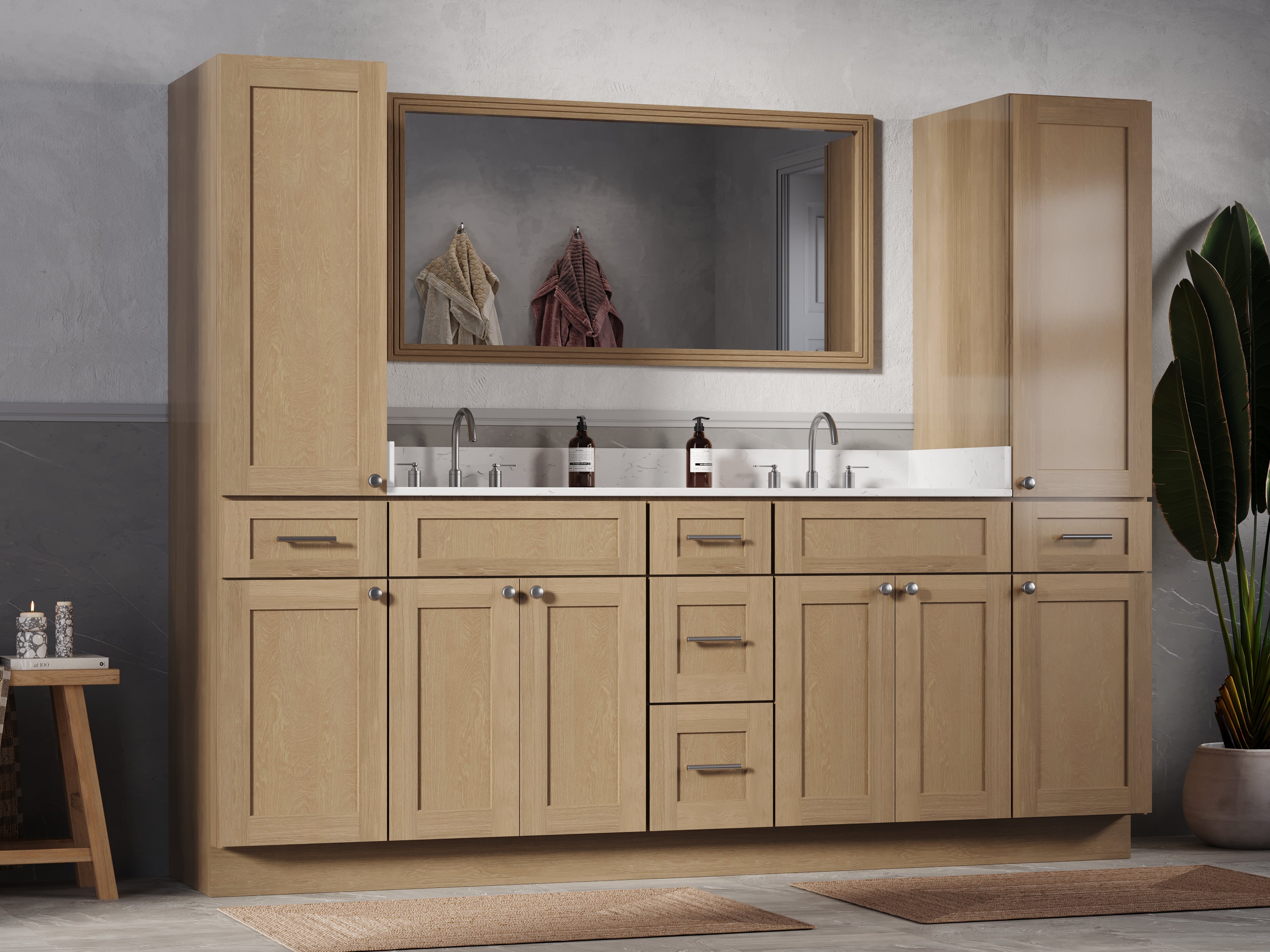 Disar 90'' Double Bathroom Vanity With Linen Tall Cabinet Shaker Dovetail Solid Wood Drawer Carrara Quartz Top