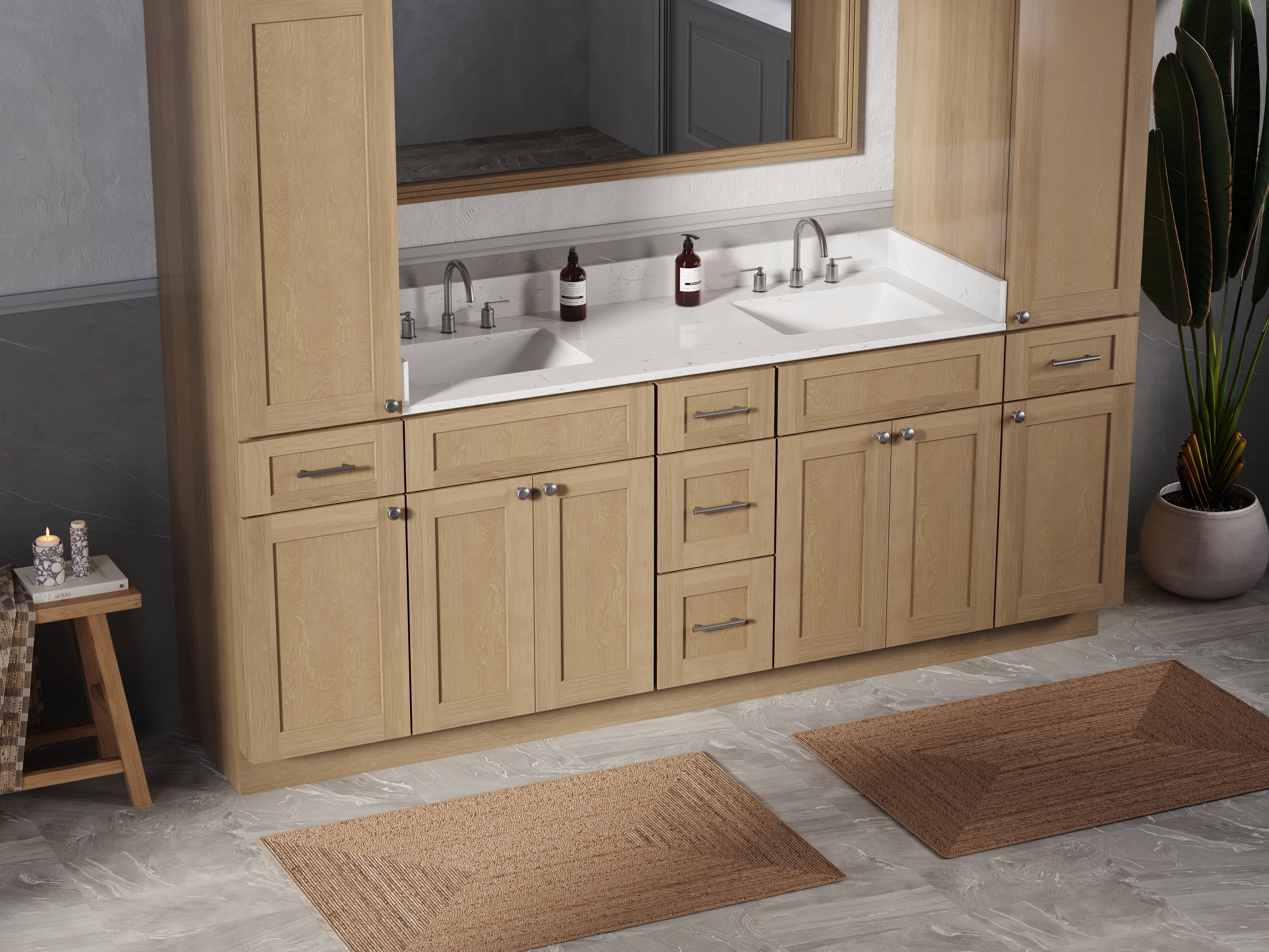 Disar 90'' Double Bathroom Vanity With Linen Tall Cabinet Shaker Dovetail Solid Wood Drawer Carrara Quartz Top