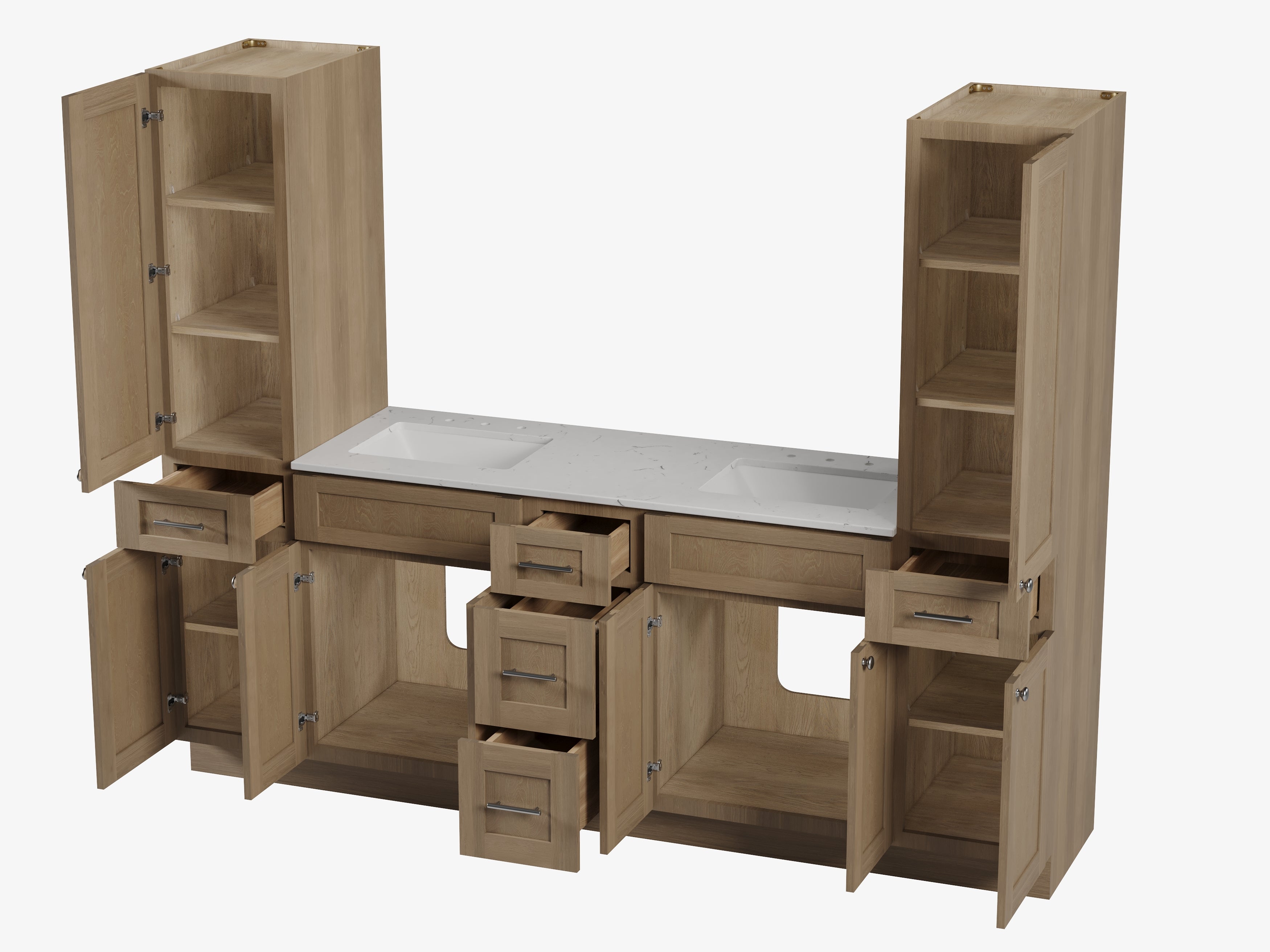 Disar 90'' Double Bathroom Vanity With Linen Tall Cabinet Shaker Dovetail Solid Wood Drawer Carrara Quartz Top