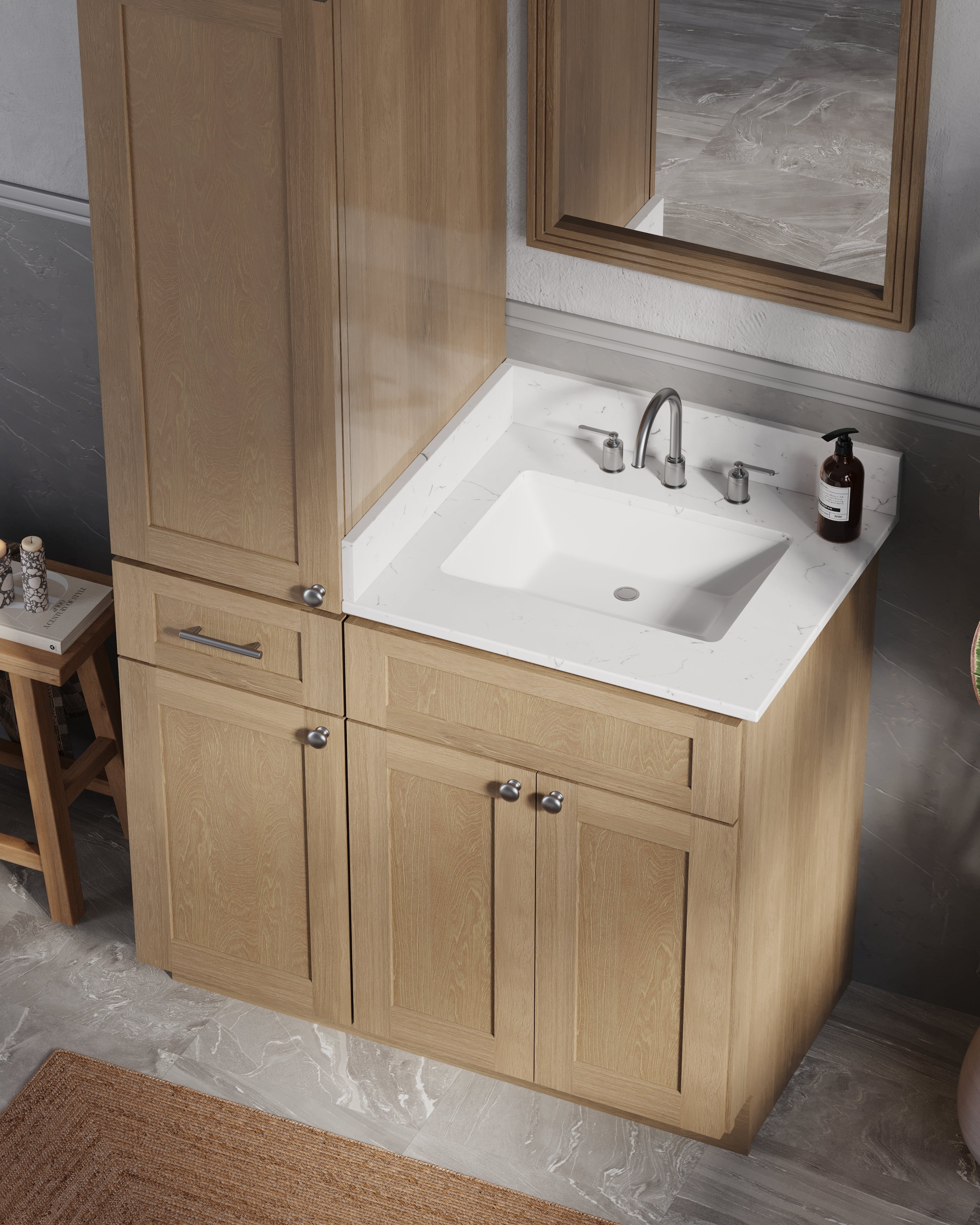 Disar 39'' Single Bathroom Vanity With Left Linen Tall Cabinet Dovetail Solid Wood Drawer Carrara Quartz Top