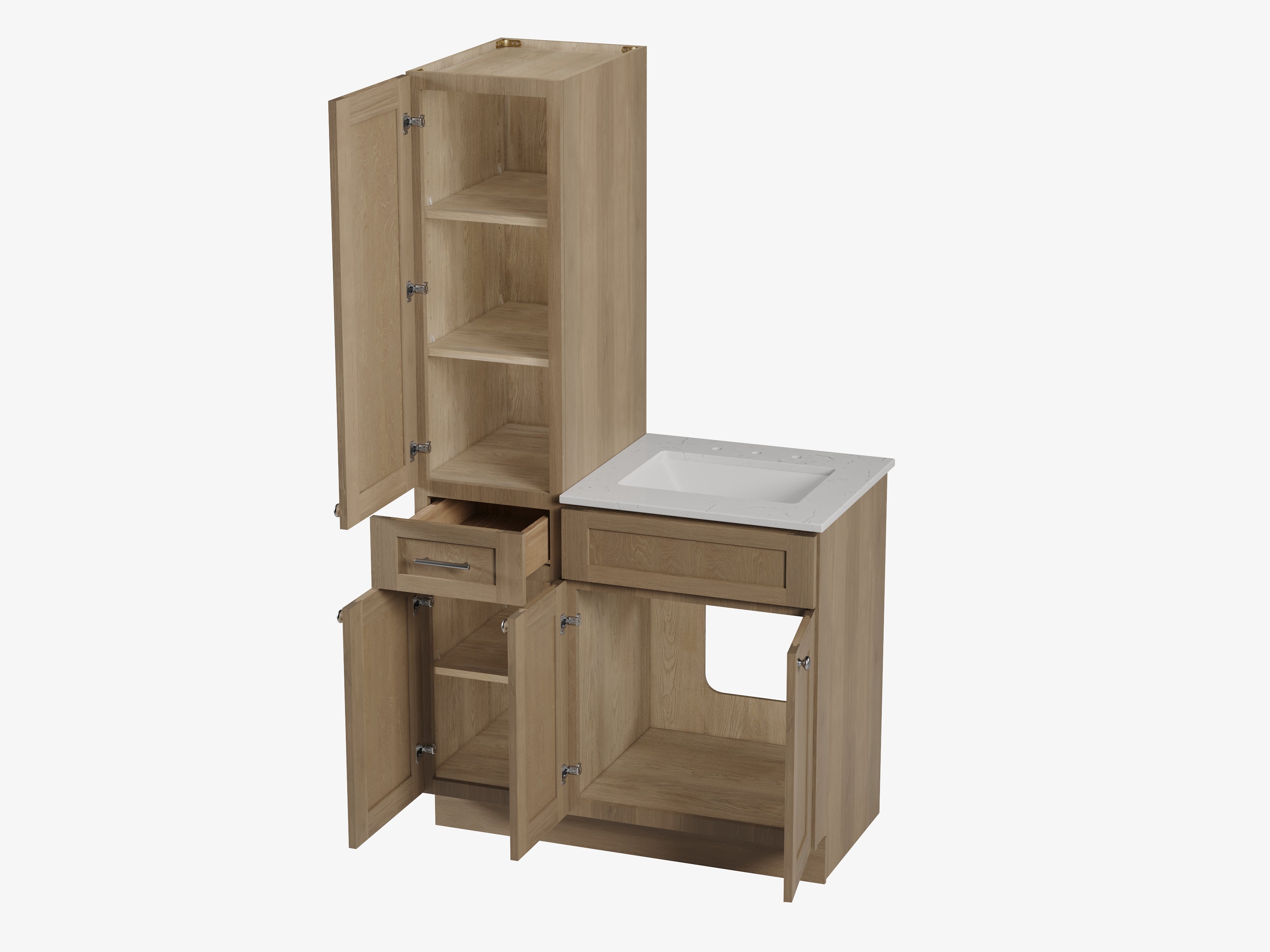 Disar 39'' Single Bathroom Vanity With Left Linen Tall Cabinet Dovetail Solid Wood Drawer Carrara Quartz Top