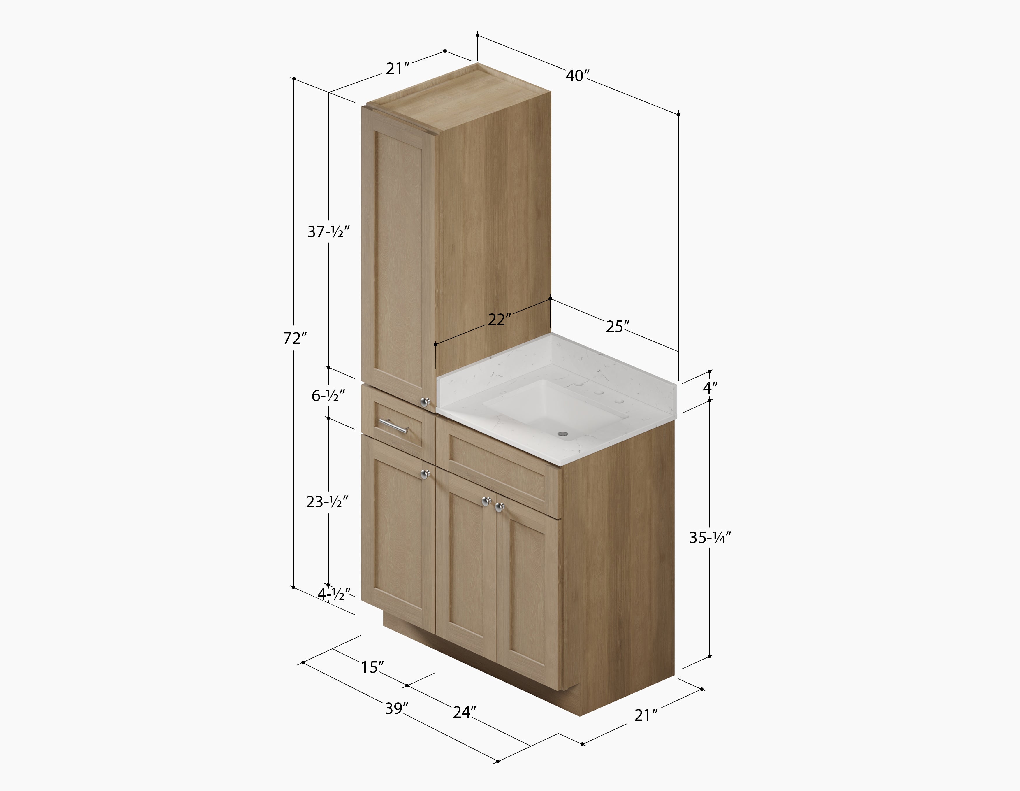 Disar 39'' Single Bathroom Vanity With Left Linen Tall Cabinet Dovetail Solid Wood Drawer Carrara Quartz Top