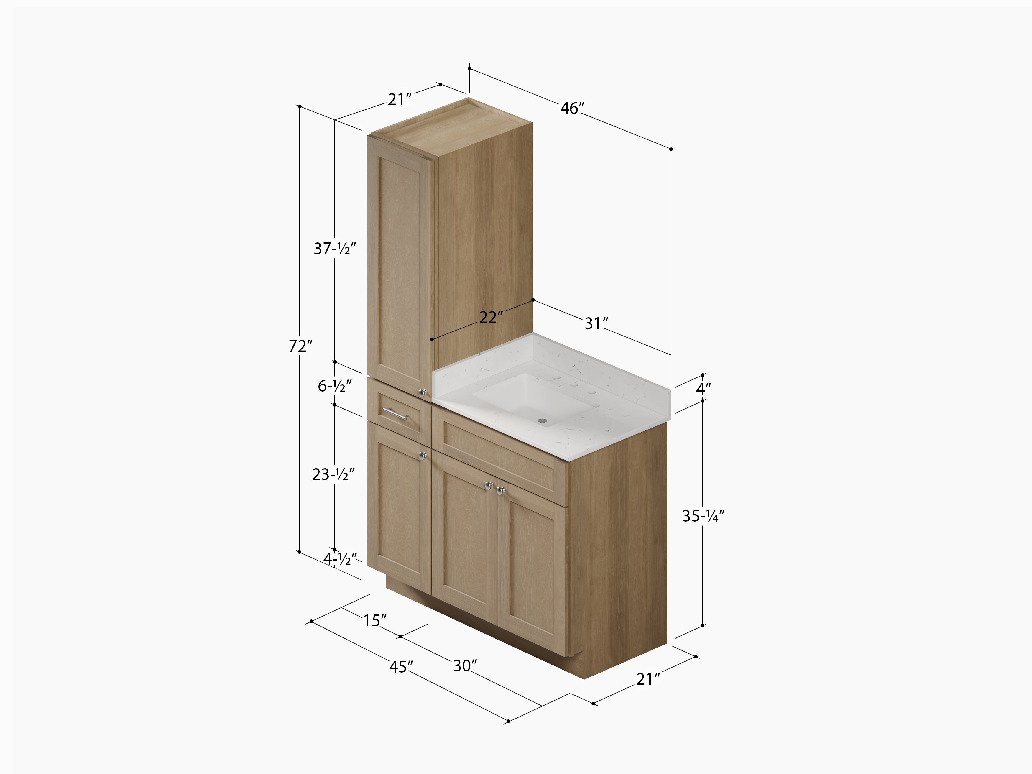 Disar 45' Single Bathroom Vanity With Left Linen Tall Cabinet Dovetail Solid Wood Drawer Carrara Quartz Top