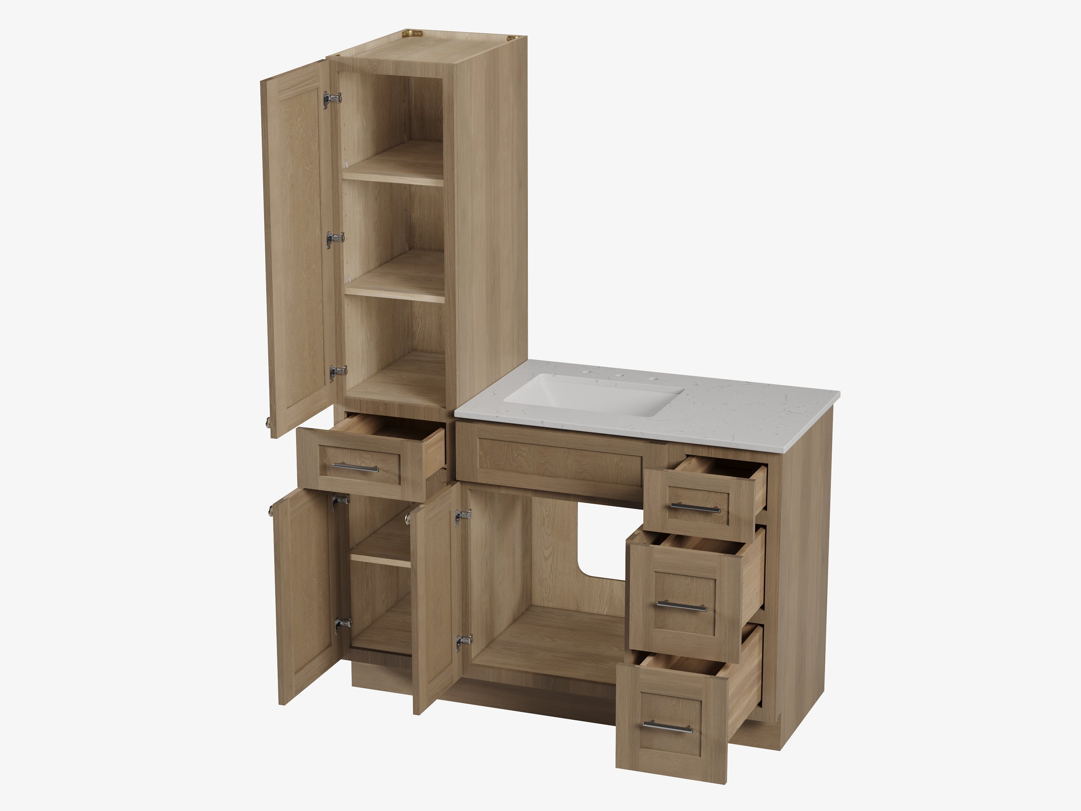 Disar 51' Single Bathroom Vanity With Left Linen Tall Cabinet Dovetail Solid Wood Drawer Carrara Quartz Top