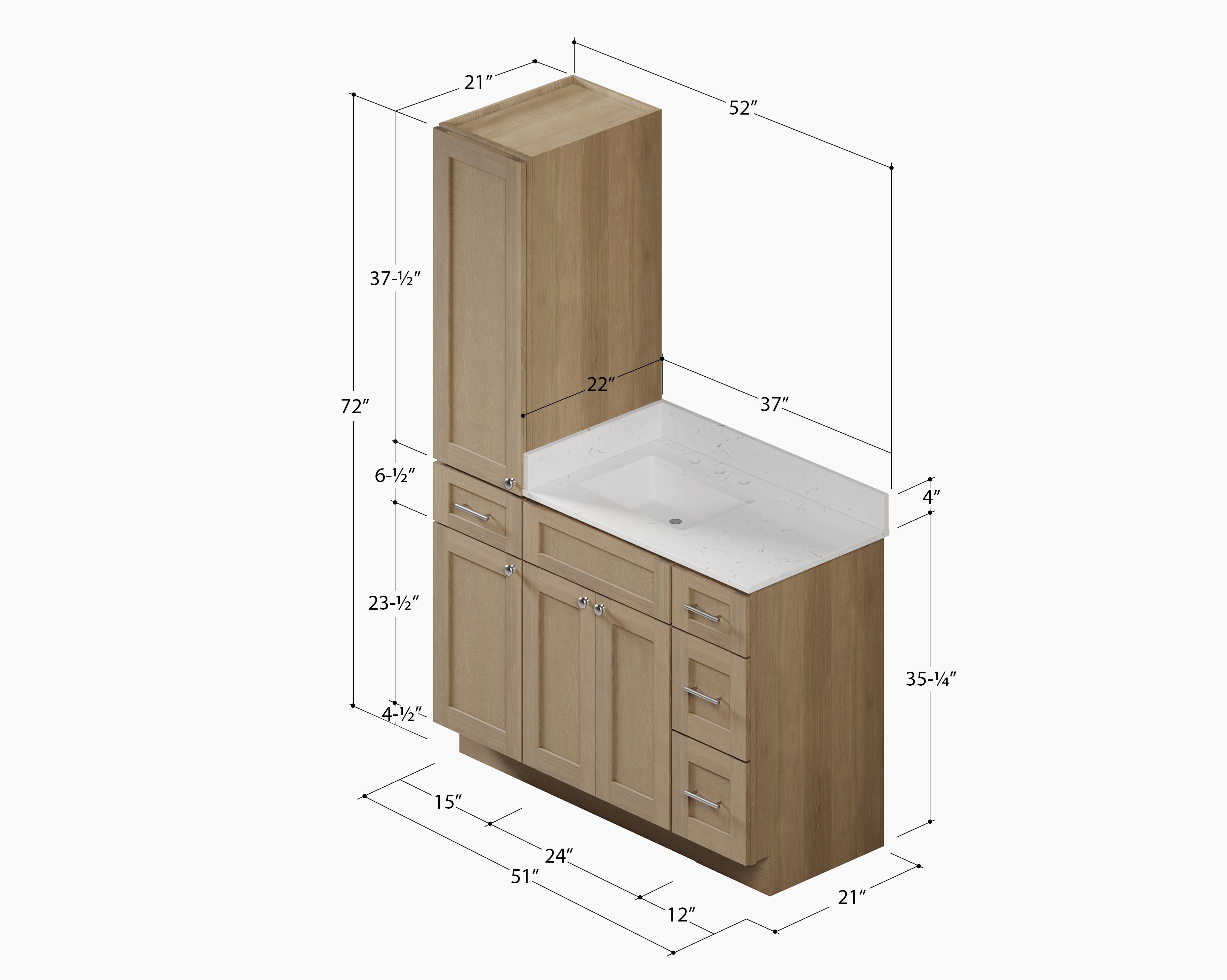 Disar 51' Single Bathroom Vanity With Left Linen Tall Cabinet Dovetail Solid Wood Drawer Carrara Quartz Top