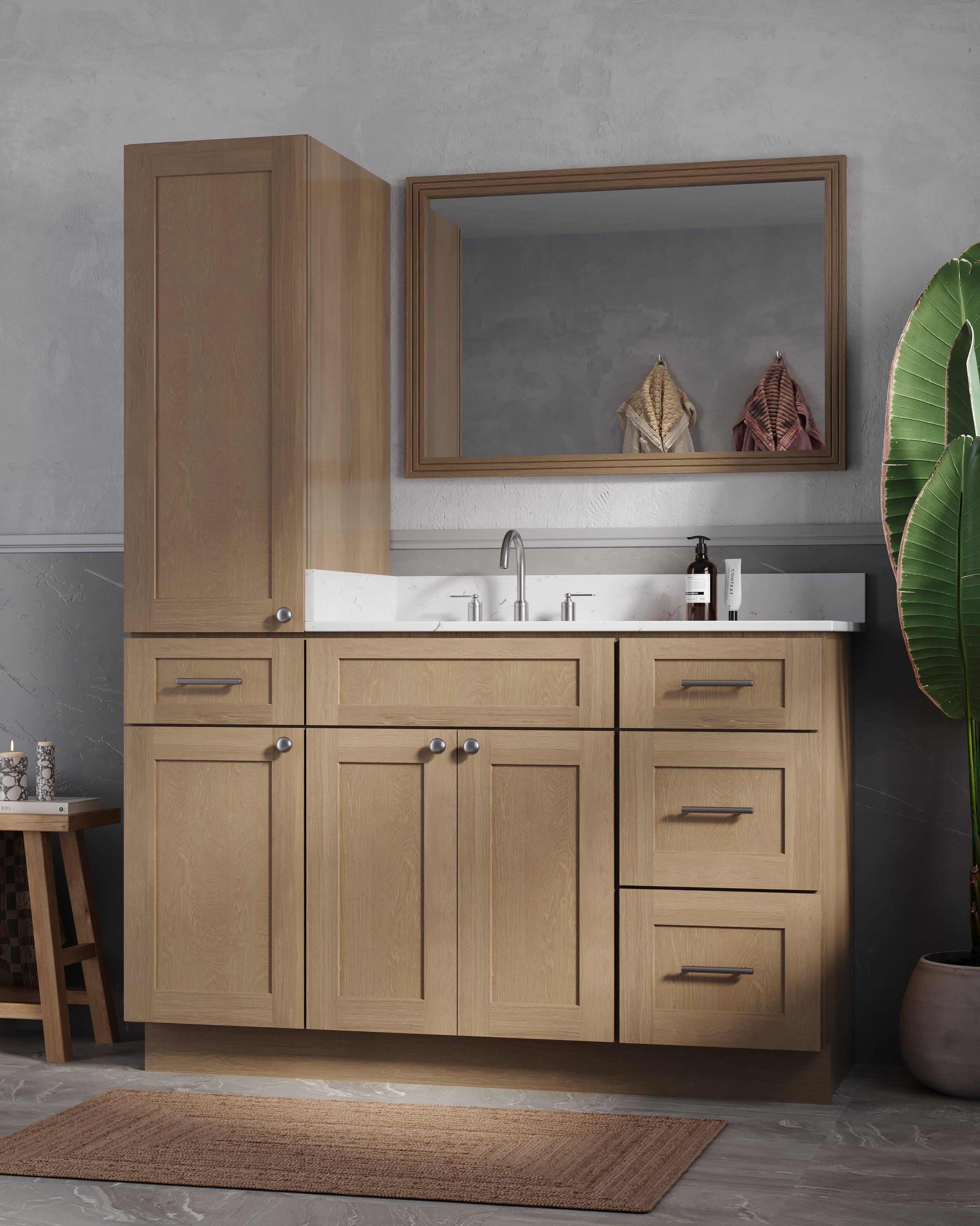 Disar 54' Single Bathroom Vanity With Left Linen Tall Cabinet Dovetail Solid Wood Drawer Carrara Quartz Top