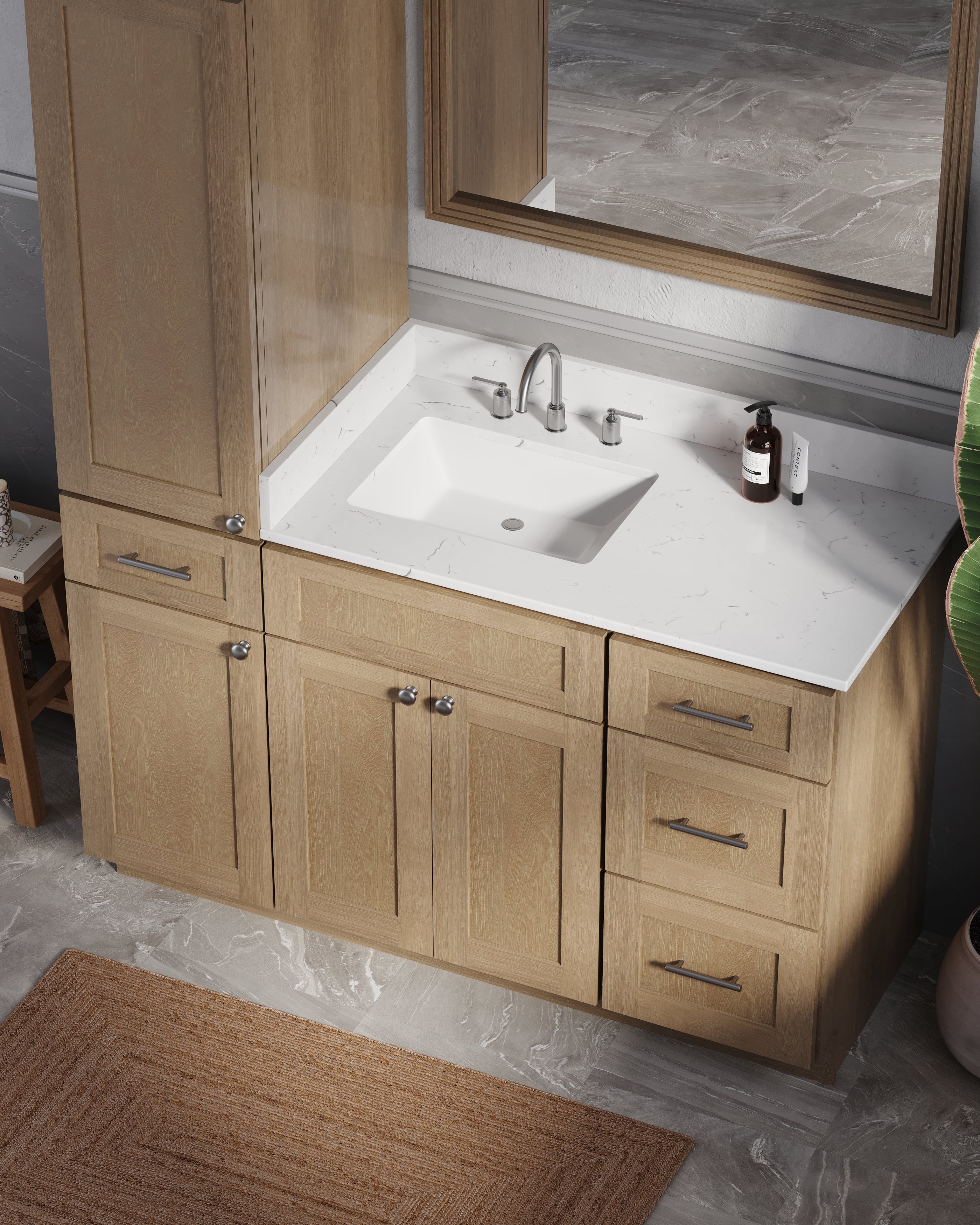 Disar 54' Single Bathroom Vanity With Left Linen Tall Cabinet Dovetail Solid Wood Drawer Carrara Quartz Top