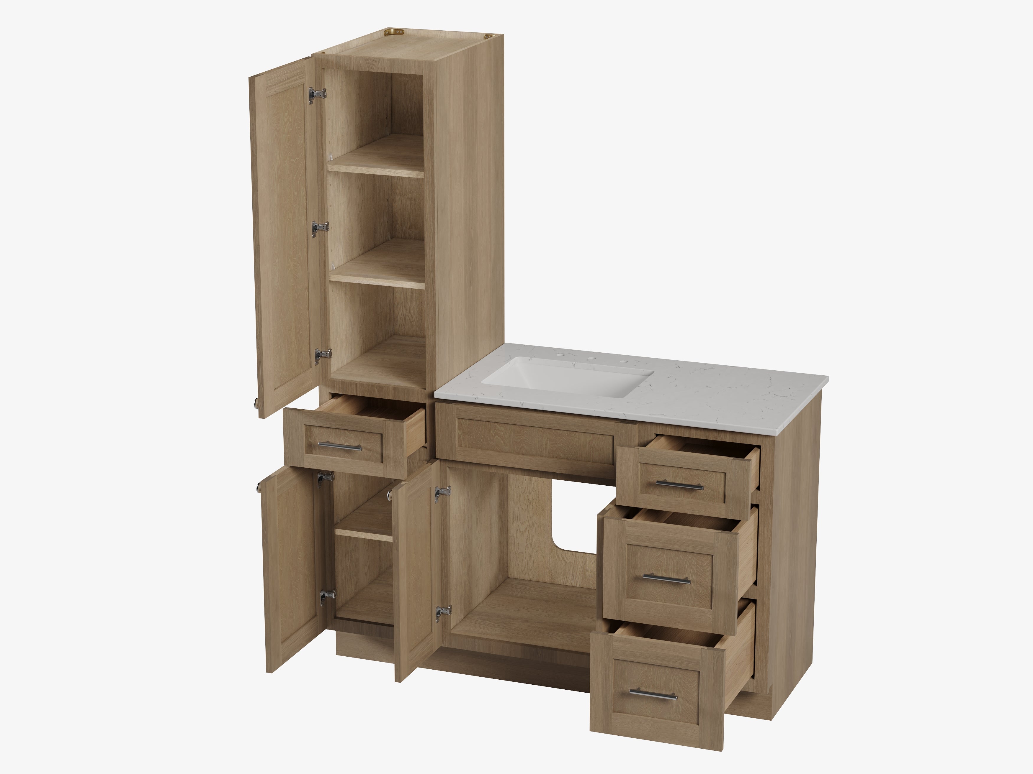 Disar 54' Single Bathroom Vanity With Left Linen Tall Cabinet Dovetail Solid Wood Drawer Carrara Quartz Top