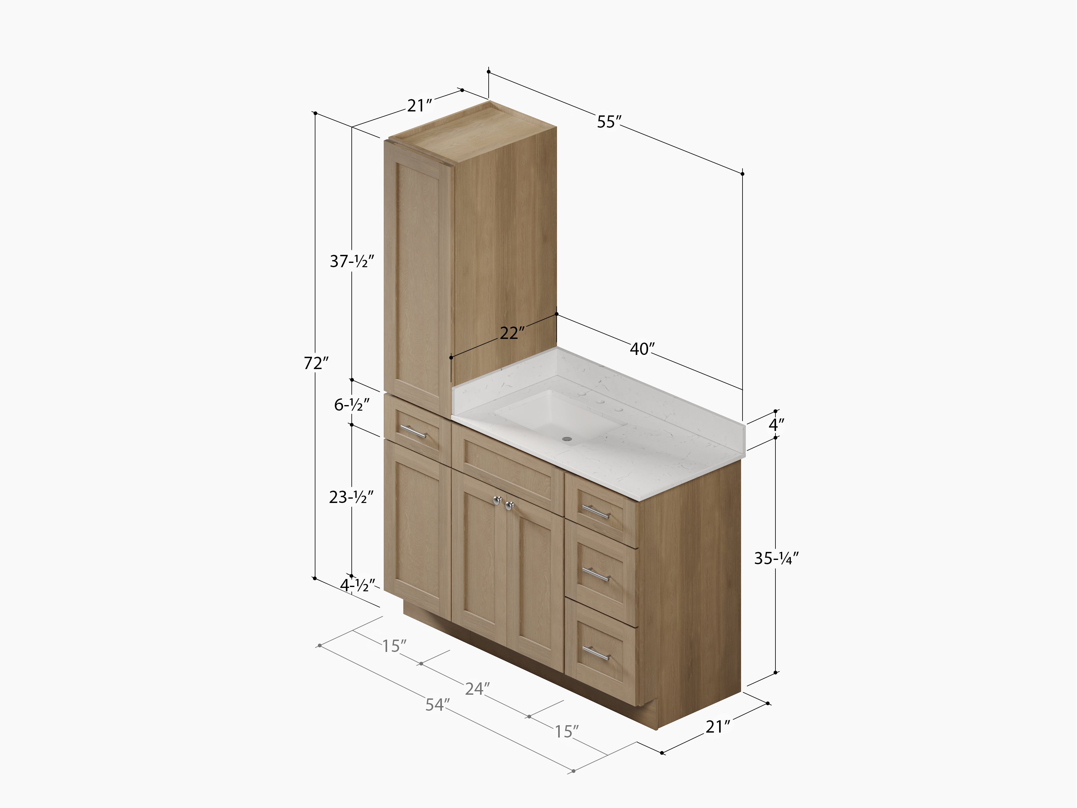 Disar 54' Single Bathroom Vanity With Left Linen Tall Cabinet Dovetail Solid Wood Drawer Carrara Quartz Top