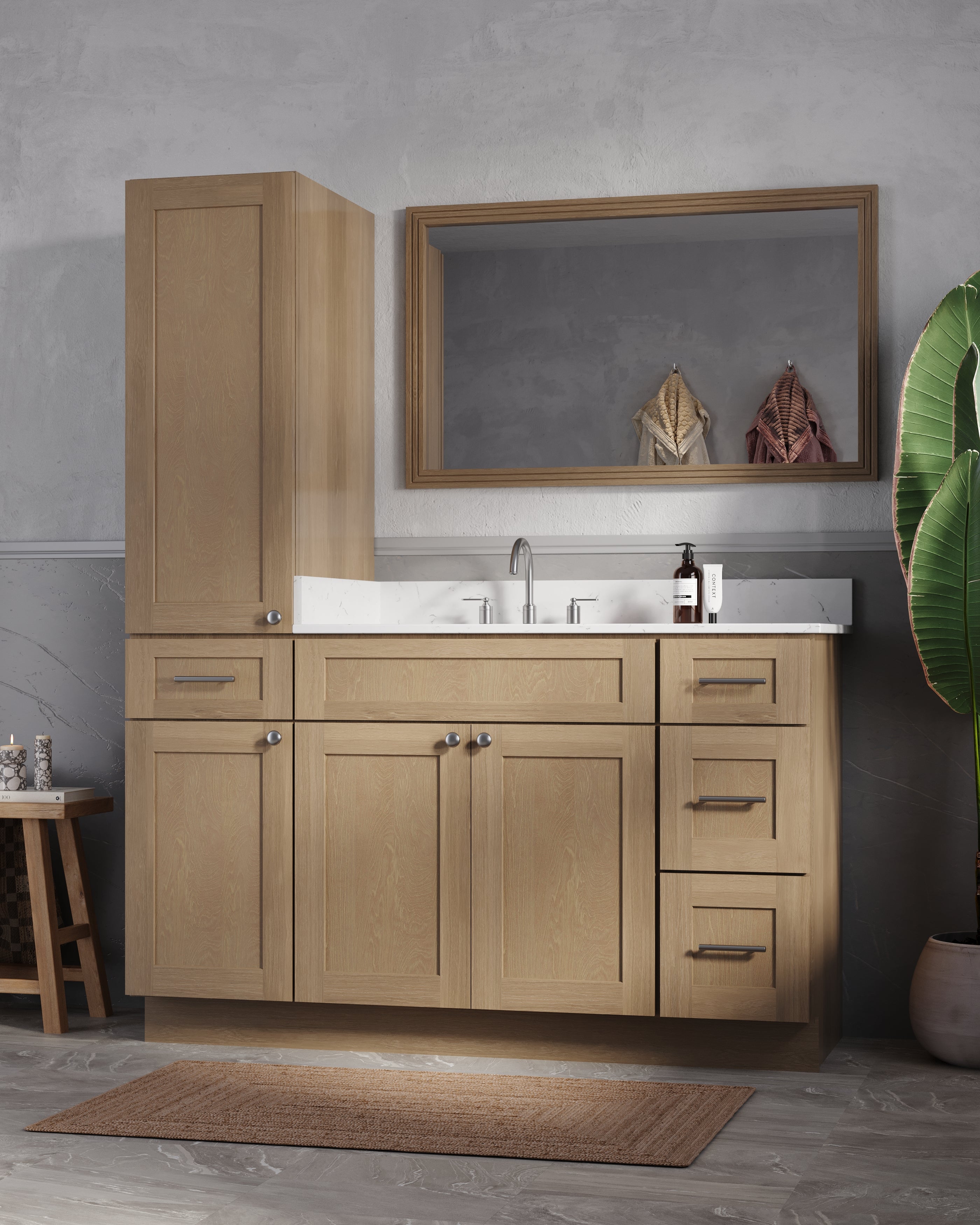 Disar 57" Single Bathroom Vanity With Left Linen Tall Cabinet Dovetail Solid Wood Drawer Carrara Quartz Top