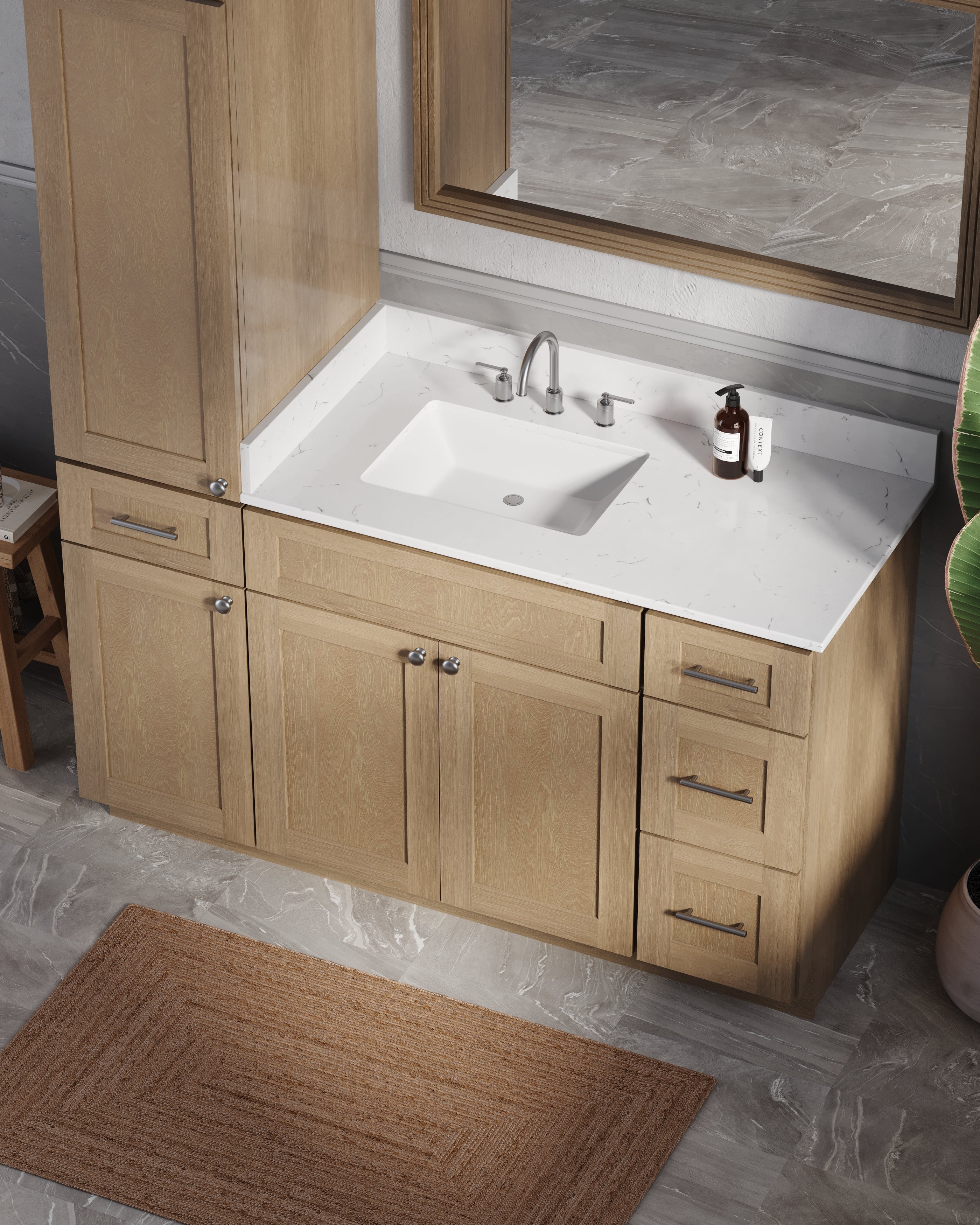 Disar 57" Single Bathroom Vanity With Left Linen Tall Cabinet Dovetail Solid Wood Drawer Carrara Quartz Top