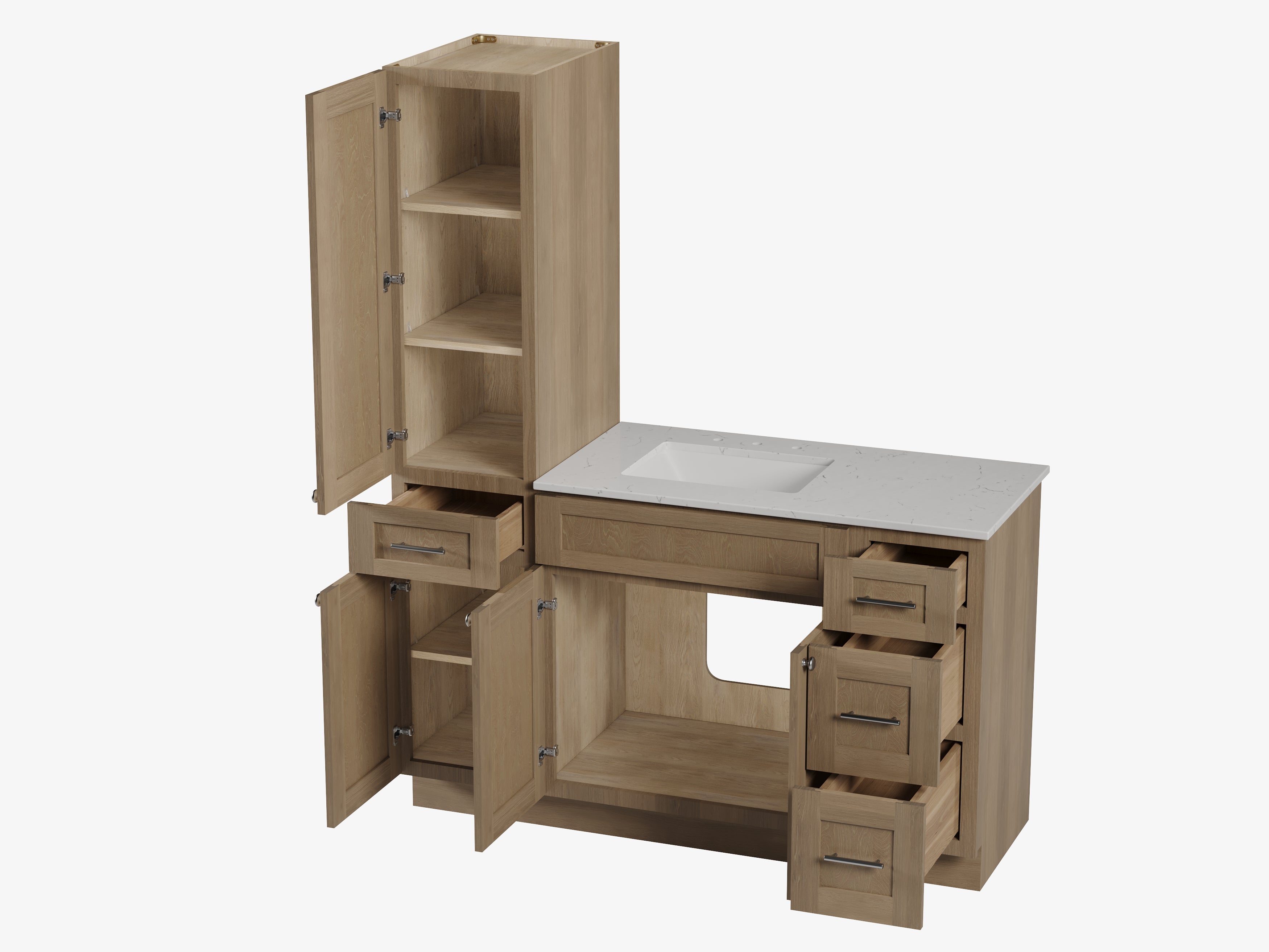 Disar 57" Single Bathroom Vanity With Left Linen Tall Cabinet Dovetail Solid Wood Drawer Carrara Quartz Top