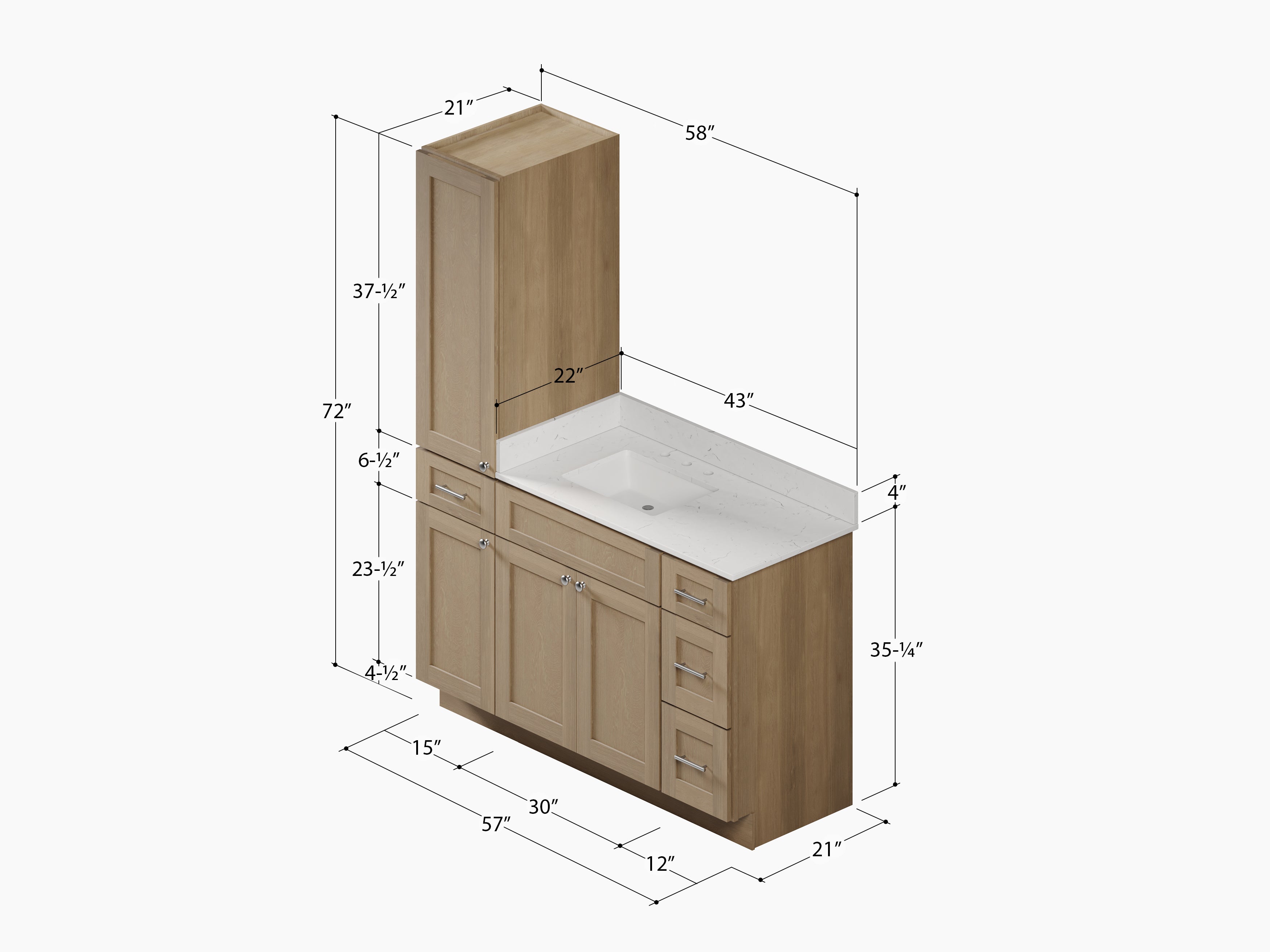 Disar 57" Single Bathroom Vanity With Left Linen Tall Cabinet Dovetail Solid Wood Drawer Carrara Quartz Top