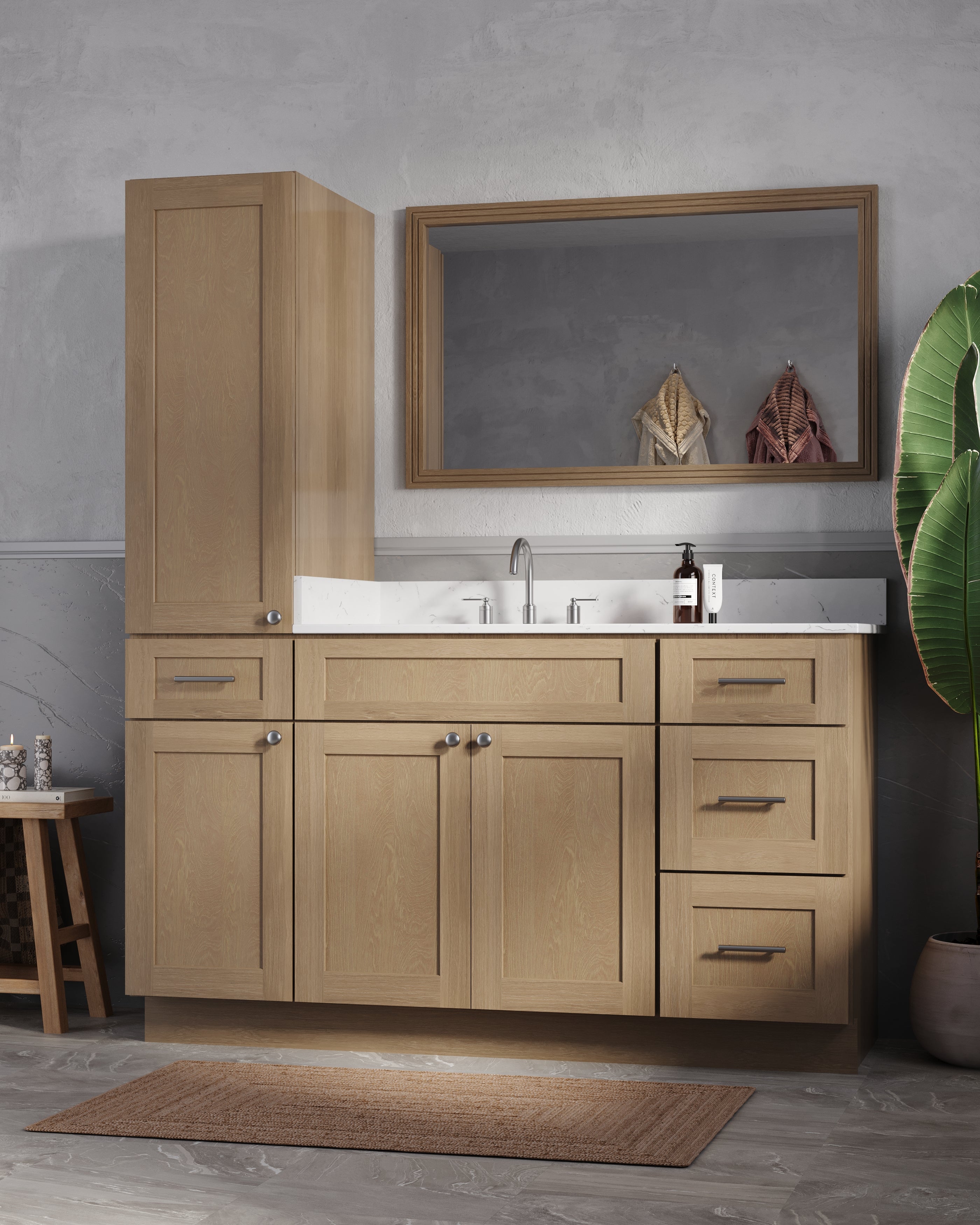 Disar 60' Single Bathroom Vanity With Left Linen Tall Cabinet Dovetail Solid Wood Drawer Carrara Quartz Top