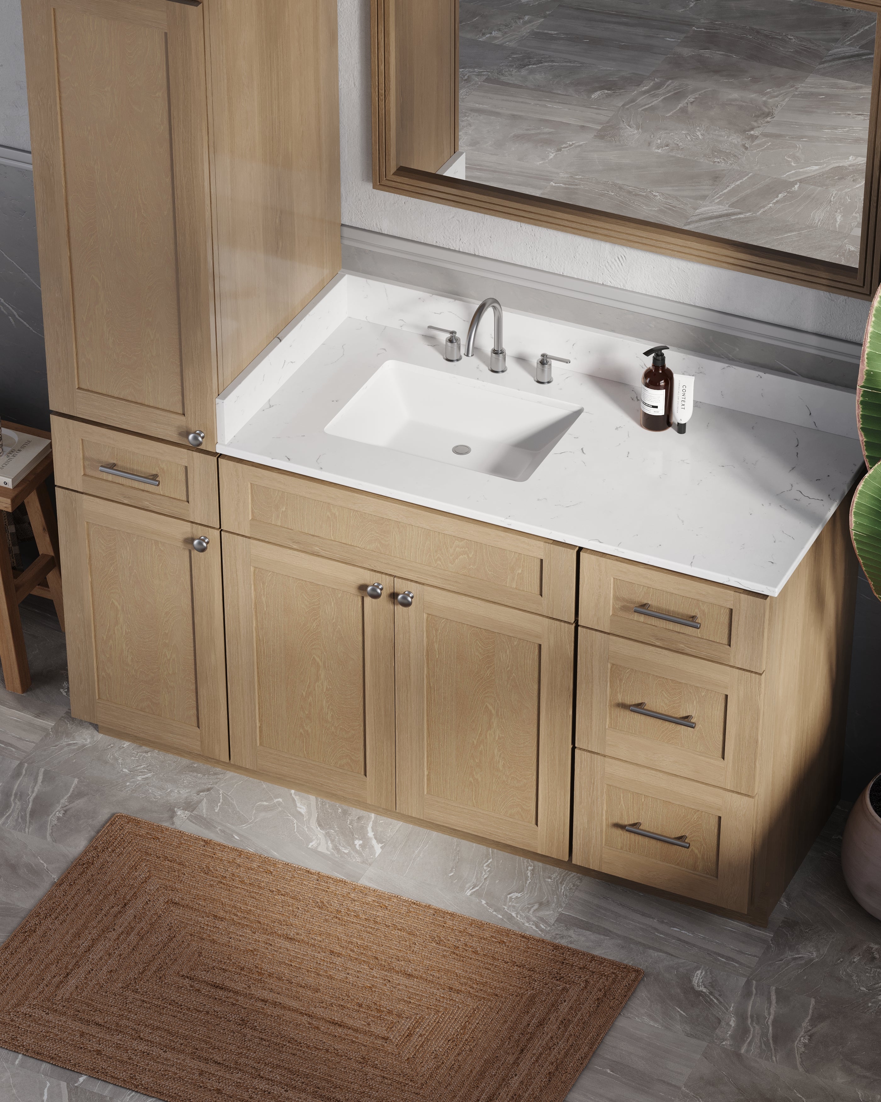 Disar 60' Single Bathroom Vanity With Left Linen Tall Cabinet Dovetail Solid Wood Drawer Carrara Quartz Top