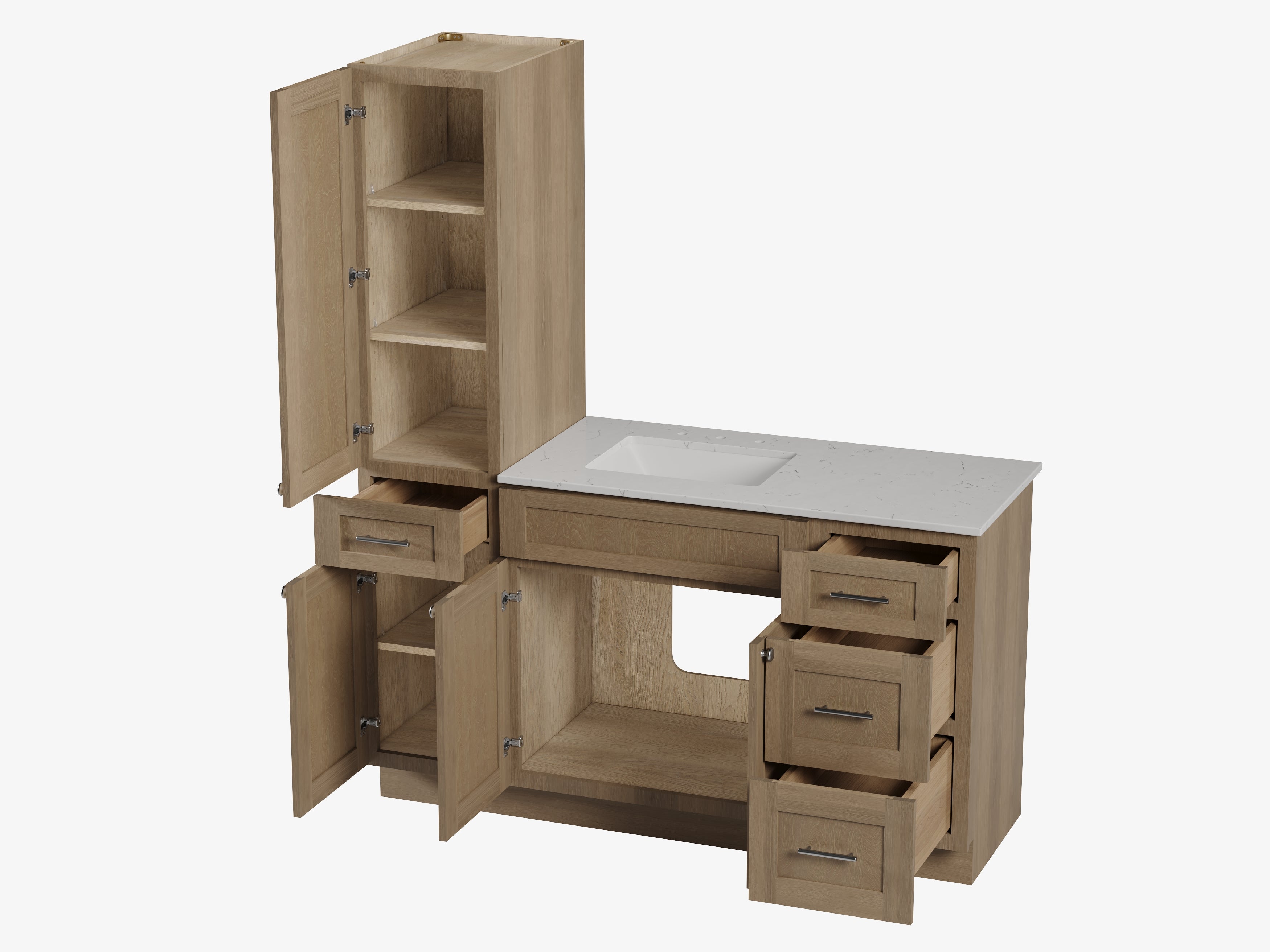 Disar 60' Single Bathroom Vanity With Left Linen Tall Cabinet Dovetail Solid Wood Drawer Carrara Quartz Top