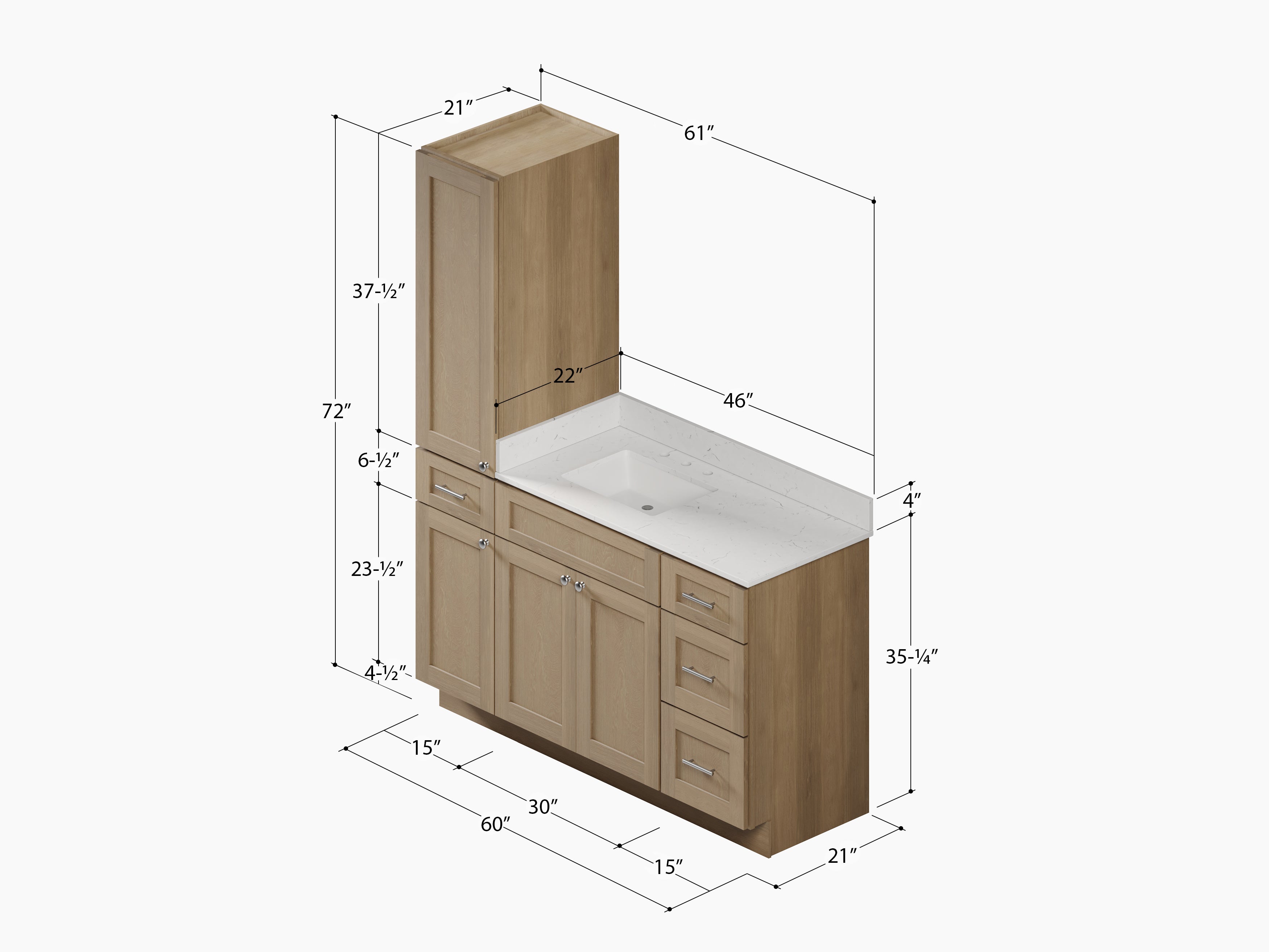 Disar 60' Single Bathroom Vanity With Left Linen Tall Cabinet Dovetail Solid Wood Drawer Carrara Quartz Top