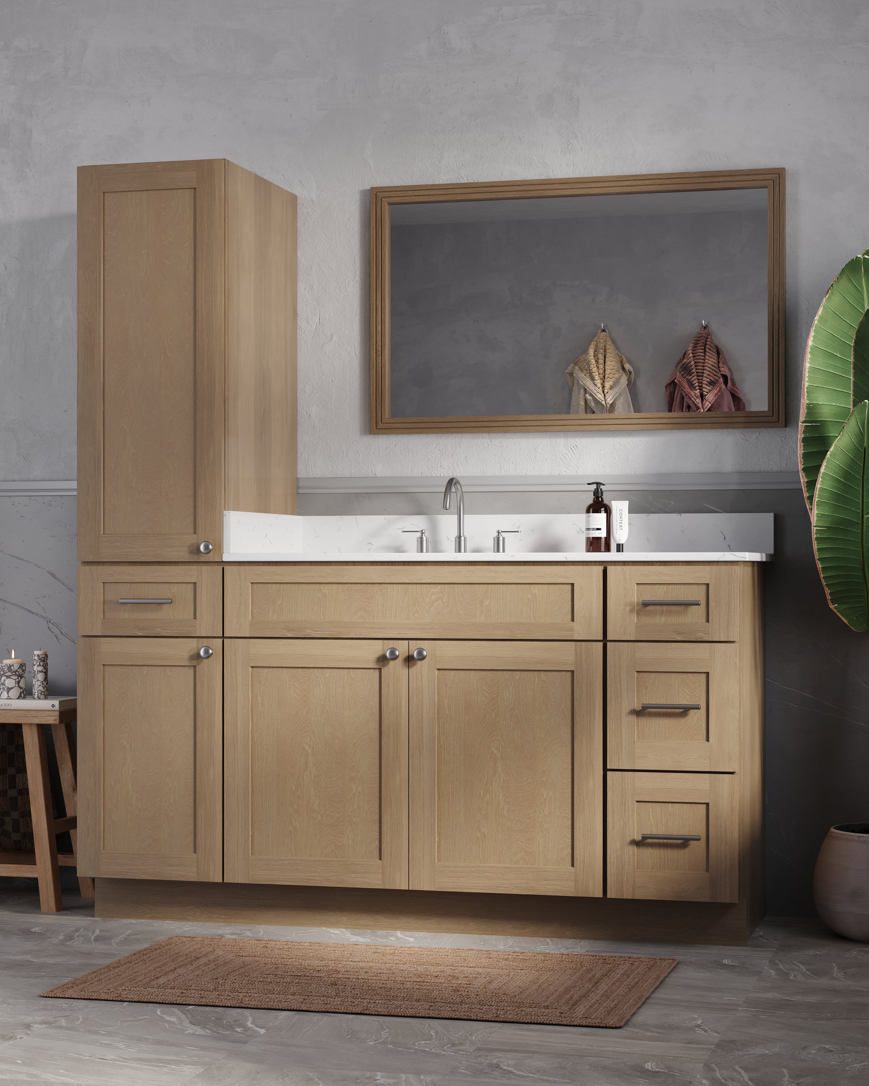 Disar 63'' Single Bathroom Vanity With Left Linen Tall Cabinet Dovetail Solid Wood Drawer Carrara Quartz Top