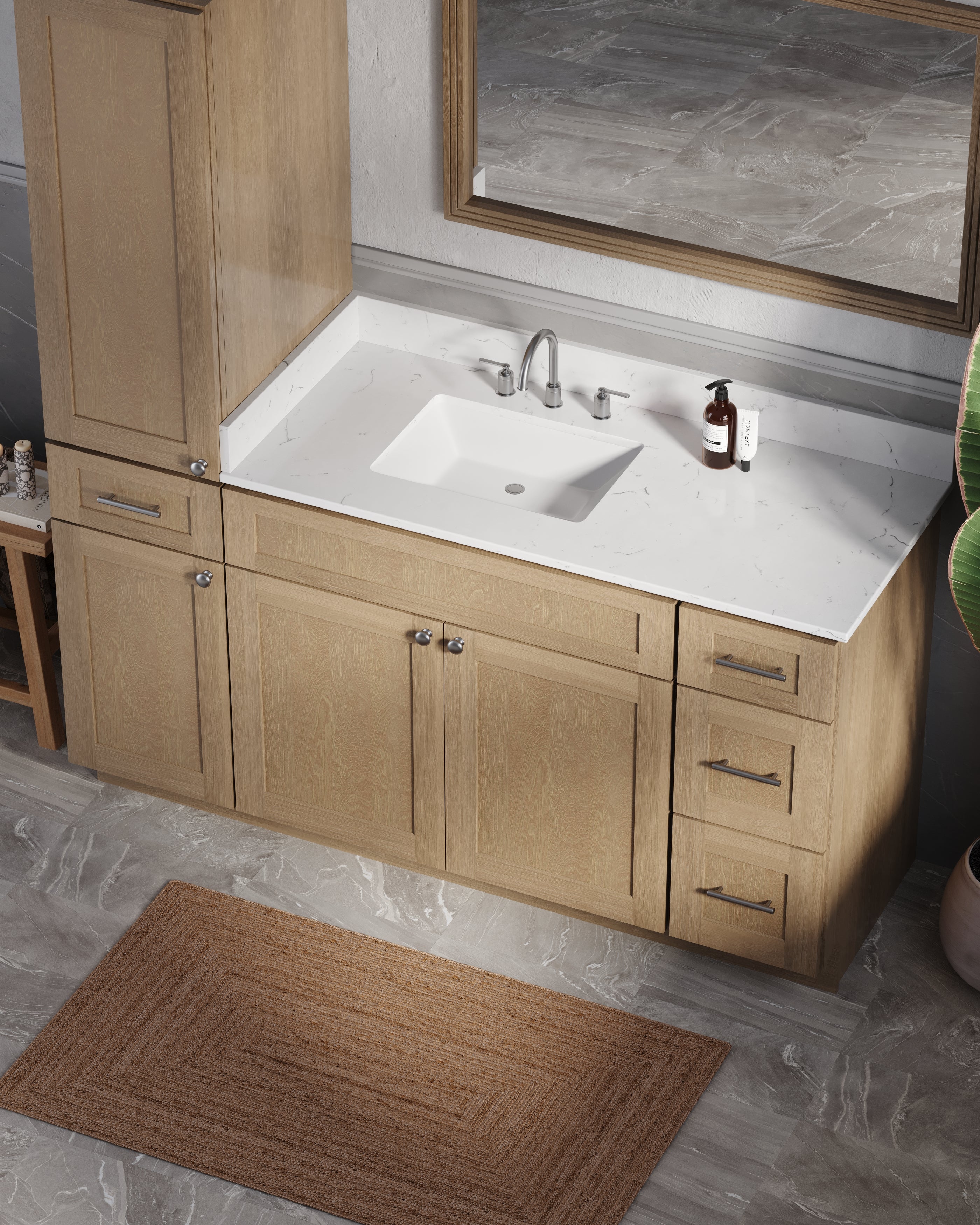 Disar 63'' Single Bathroom Vanity With Left Linen Tall Cabinet Dovetail Solid Wood Drawer Carrara Quartz Top