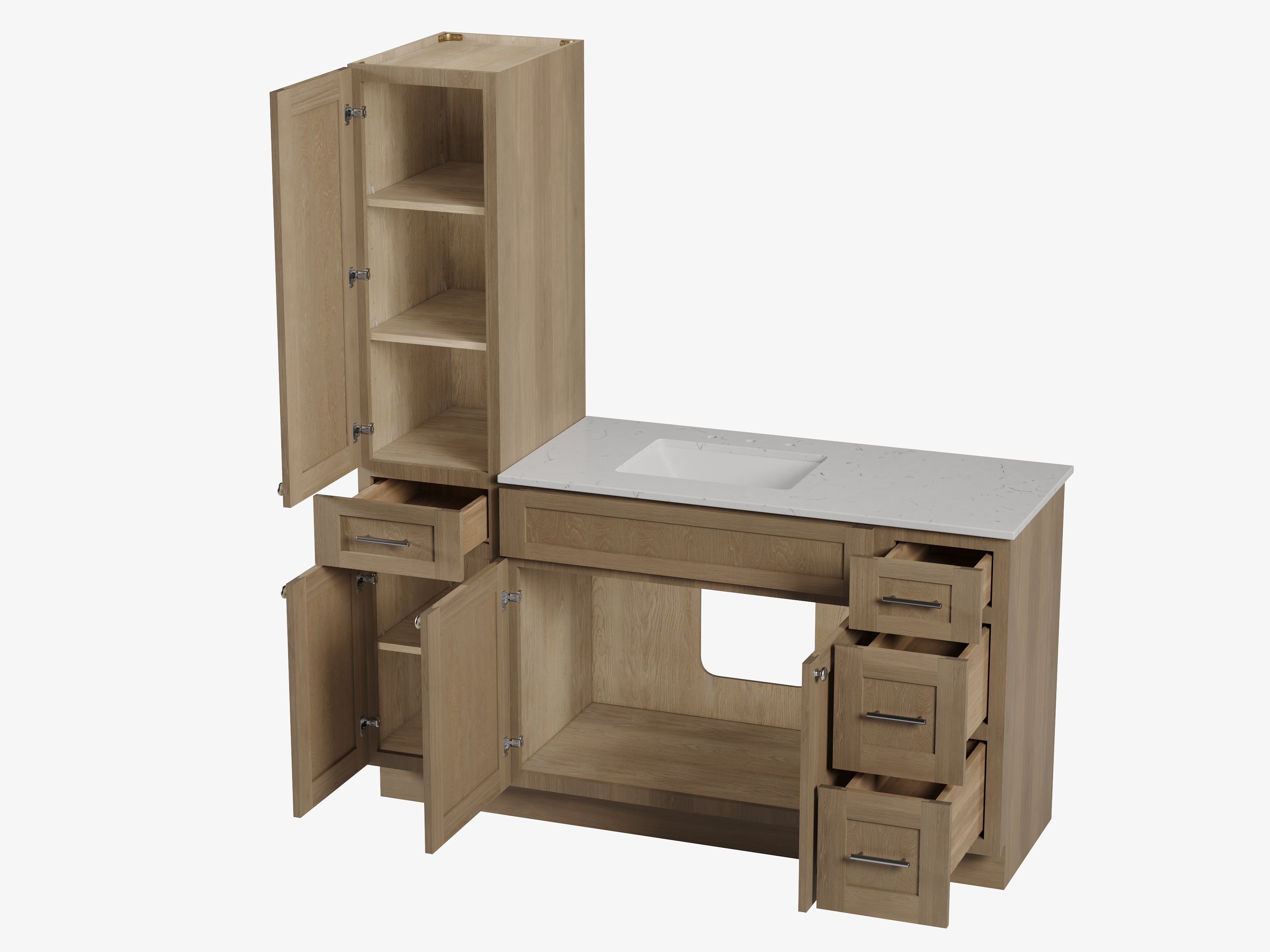 Disar 63'' Single Bathroom Vanity With Left Linen Tall Cabinet Dovetail Solid Wood Drawer Carrara Quartz Top