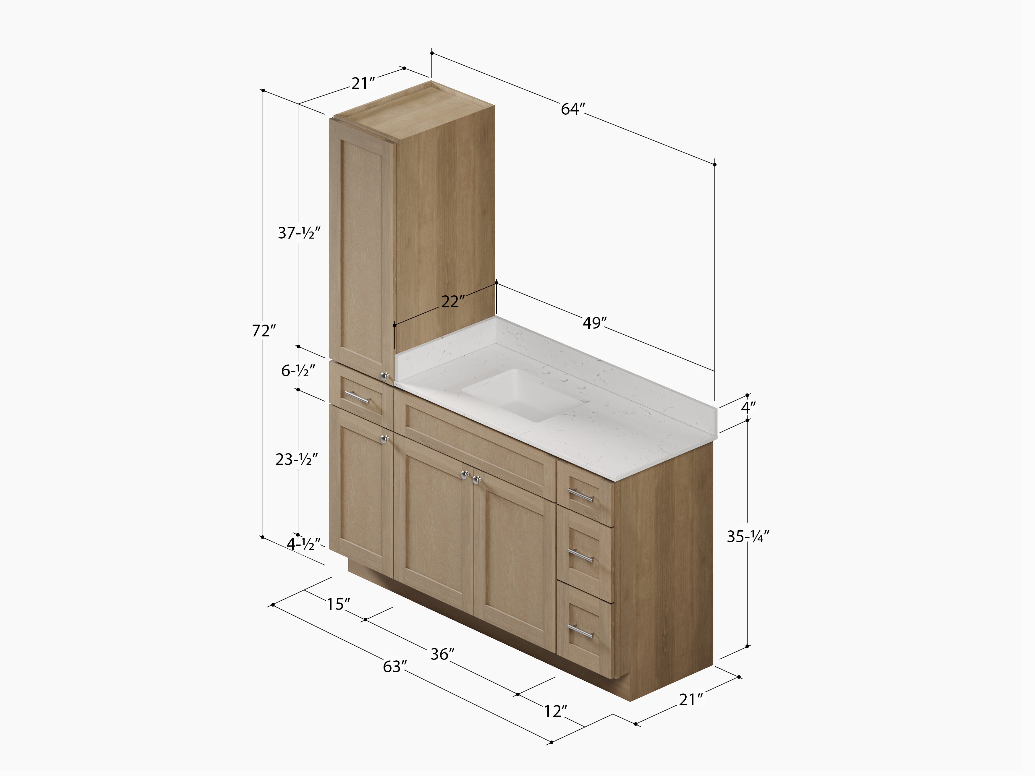Disar 63'' Single Bathroom Vanity With Left Linen Tall Cabinet Dovetail Solid Wood Drawer Carrara Quartz Top
