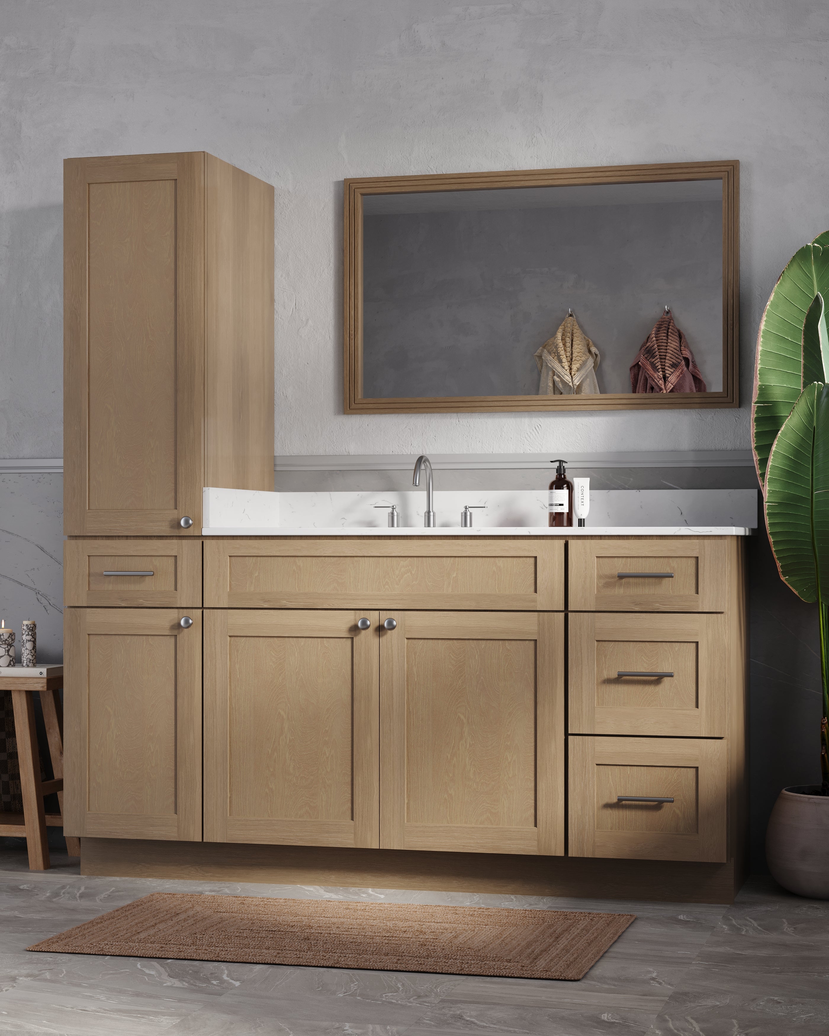 Disar 66' Single Bathroom Vanity With Left Linen Tall Cabinet Dovetail Solid Wood Drawer Carrara Quartz Top