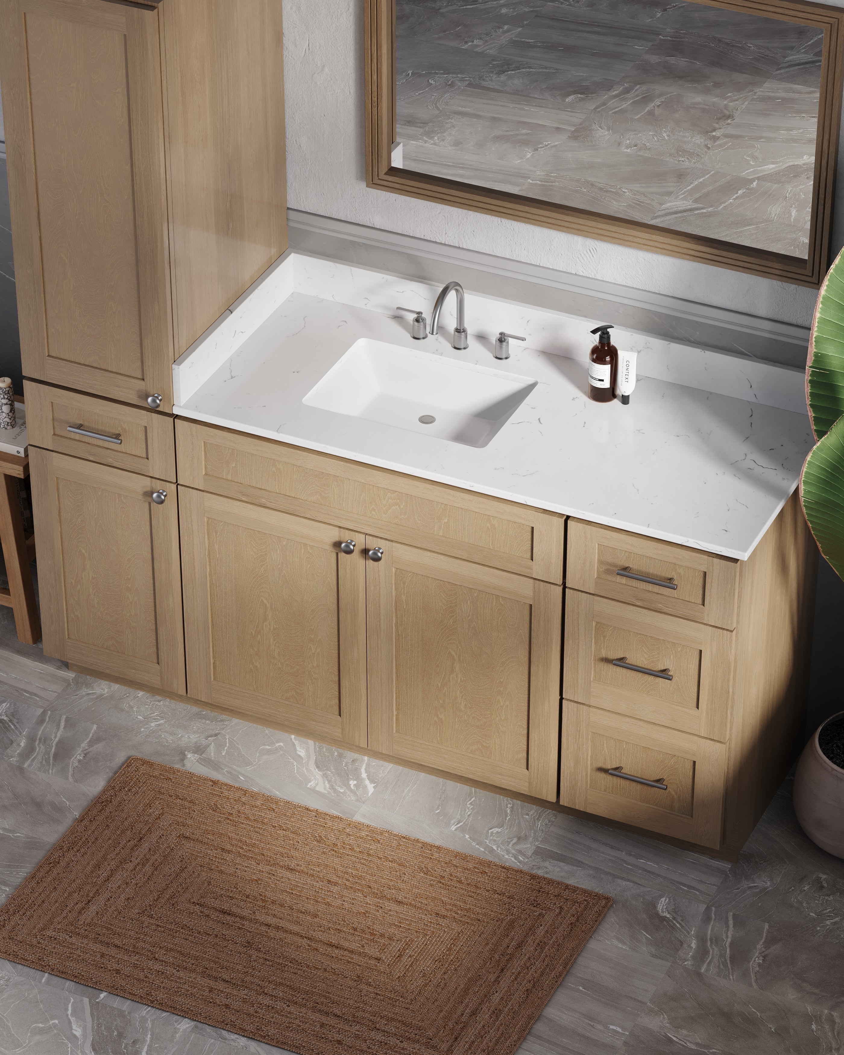 Disar 66' Single Bathroom Vanity With Left Linen Tall Cabinet Dovetail Solid Wood Drawer Carrara Quartz Top
