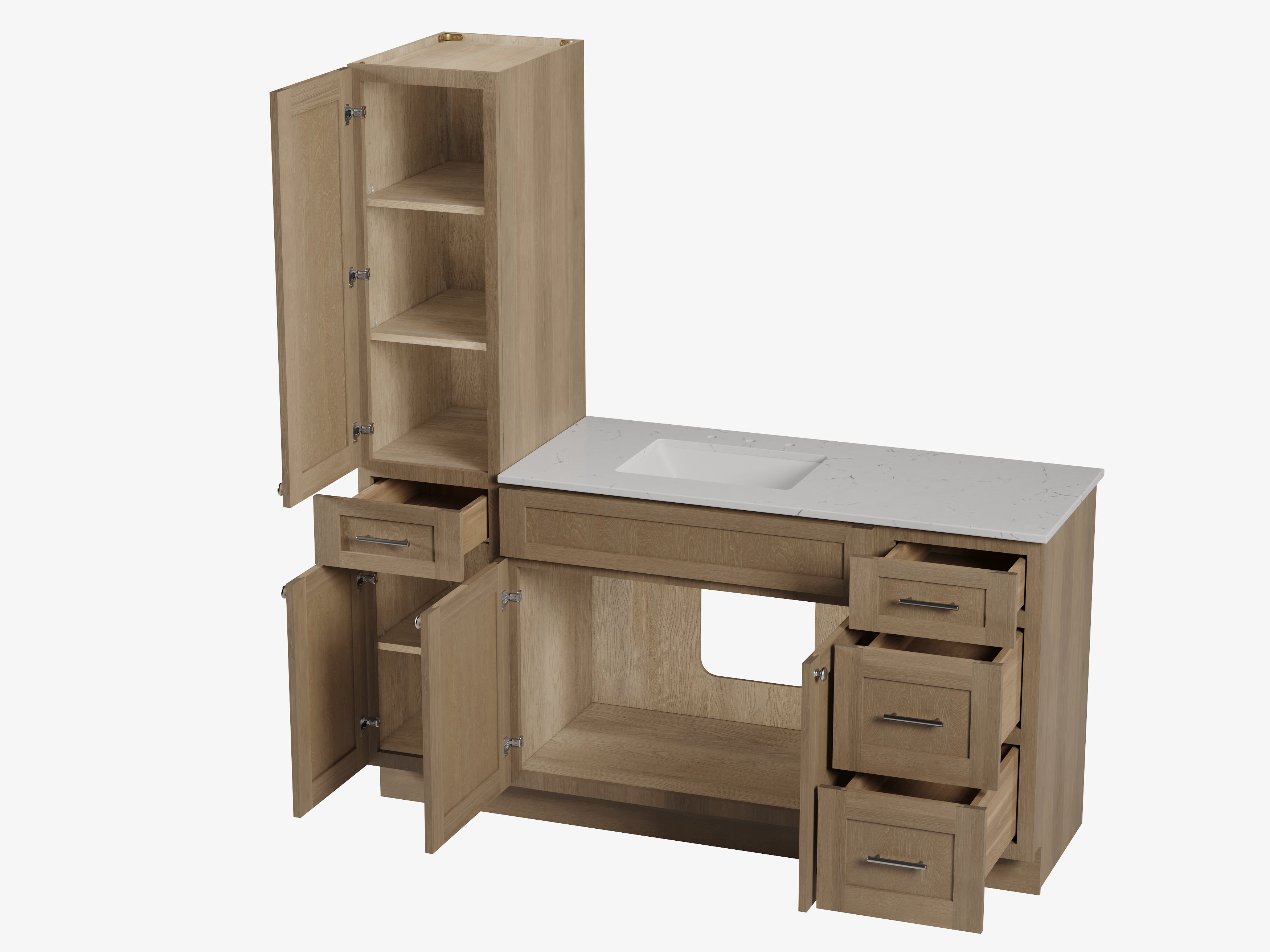 Disar 66' Single Bathroom Vanity With Left Linen Tall Cabinet Dovetail Solid Wood Drawer Carrara Quartz Top