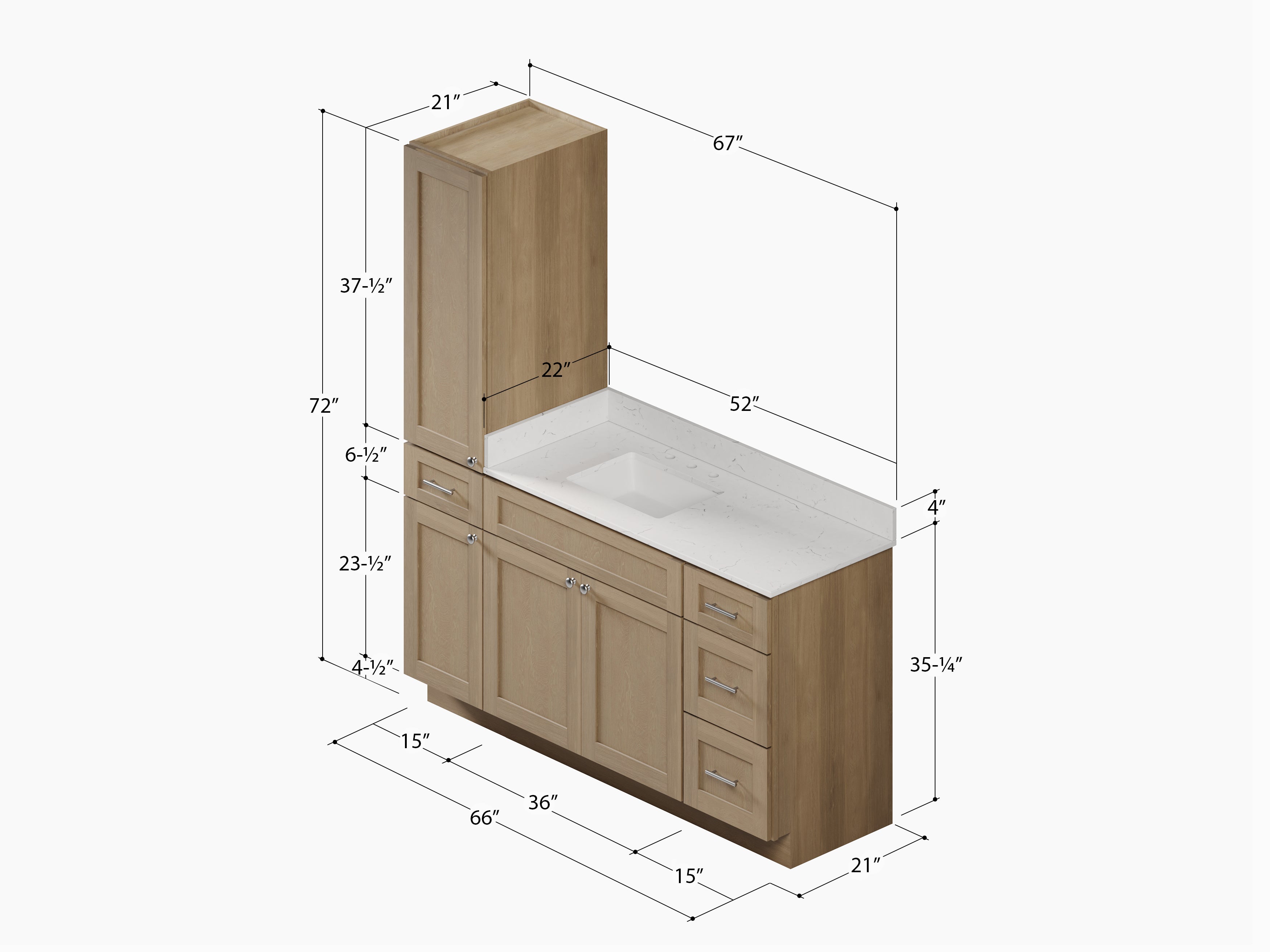 Disar 66' Single Bathroom Vanity With Left Linen Tall Cabinet Dovetail Solid Wood Drawer Carrara Quartz Top