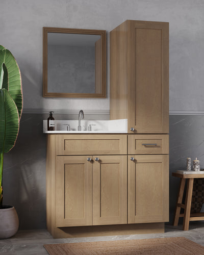[color:Natural Oak] 39'' Single Bathroom Vanity With Right Linen Tall Cabinet, Quartz Top - Natural Oak finish view