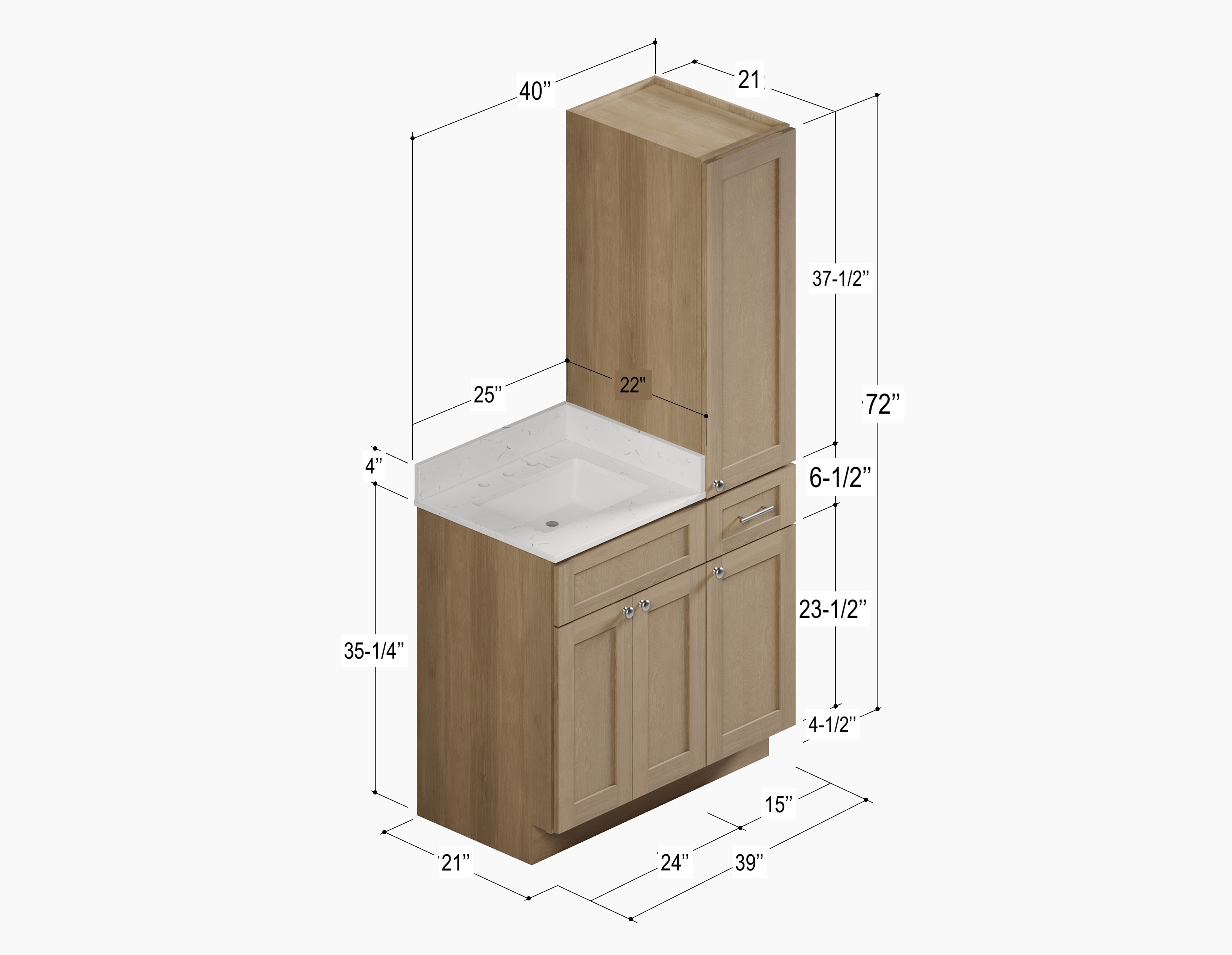 Disar 39'' Single Bathroom Vanity With Right Linen Tall Cabinet Dovetail Solid Wood Drawer Carrara Quartz Top