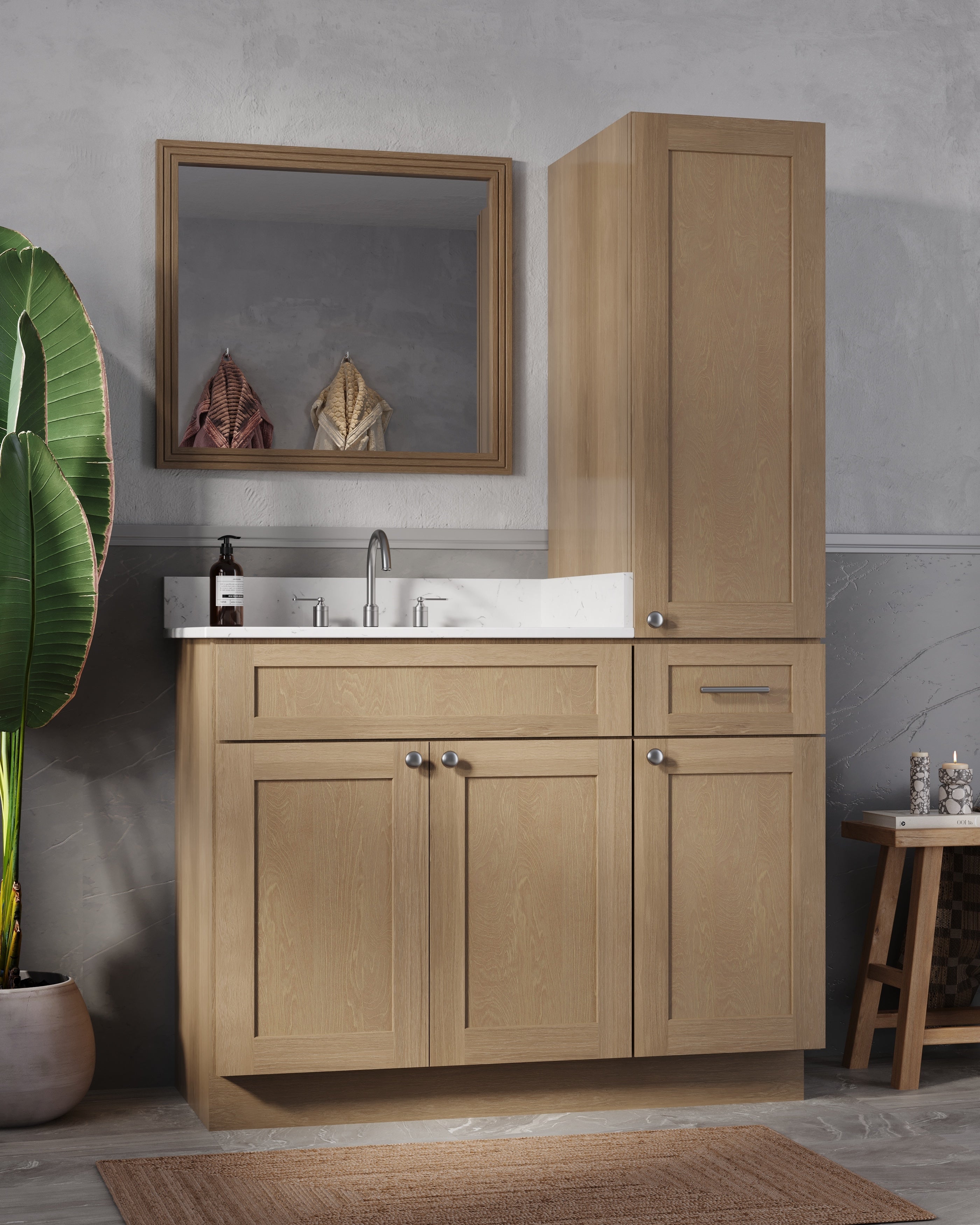 Disar 45'' Single Bathroom Vanity With Right Linen Tall Cabinet Dovetail Solid Wood Drawer Carrara Quartz Top