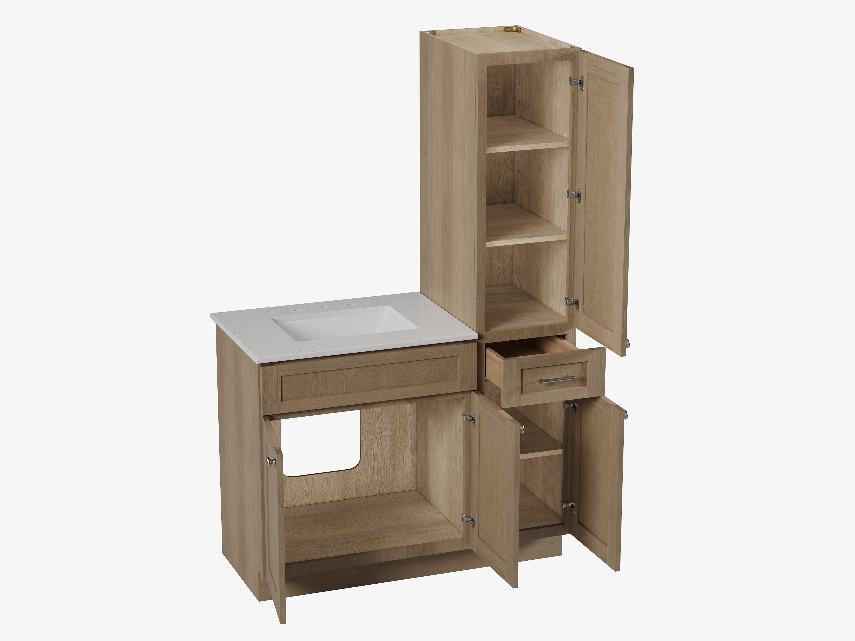 Disar 45'' Single Bathroom Vanity With Right Linen Tall Cabinet Dovetail Solid Wood Drawer Carrara Quartz Top