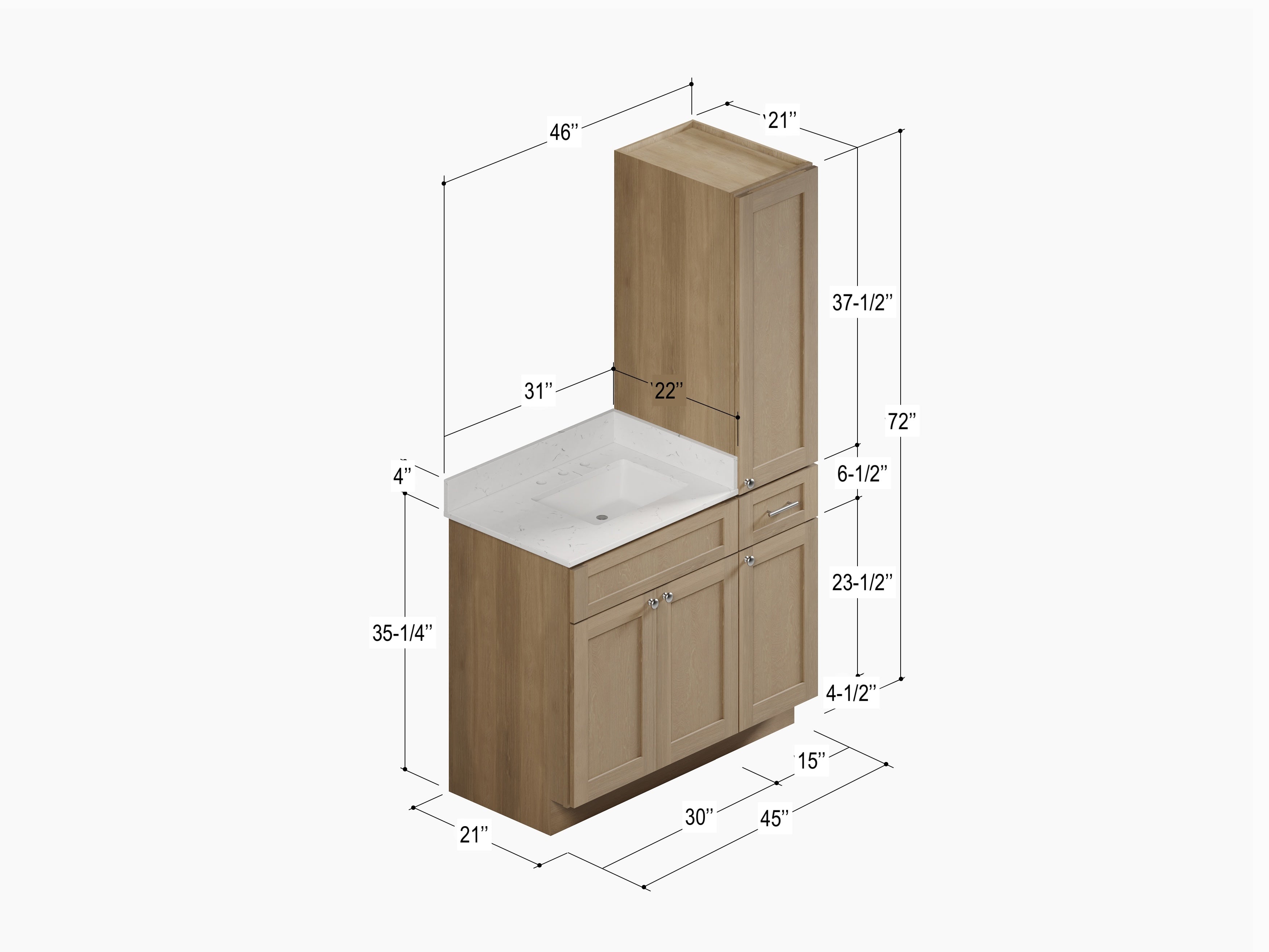 Disar 45'' Single Bathroom Vanity With Right Linen Tall Cabinet Dovetail Solid Wood Drawer Carrara Quartz Top