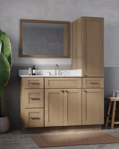 [color:Natural Oak] 51'' Single Bathroom Vanity With Right Linen Tall Cabinet, Quartz Top - Natural Oak finish view