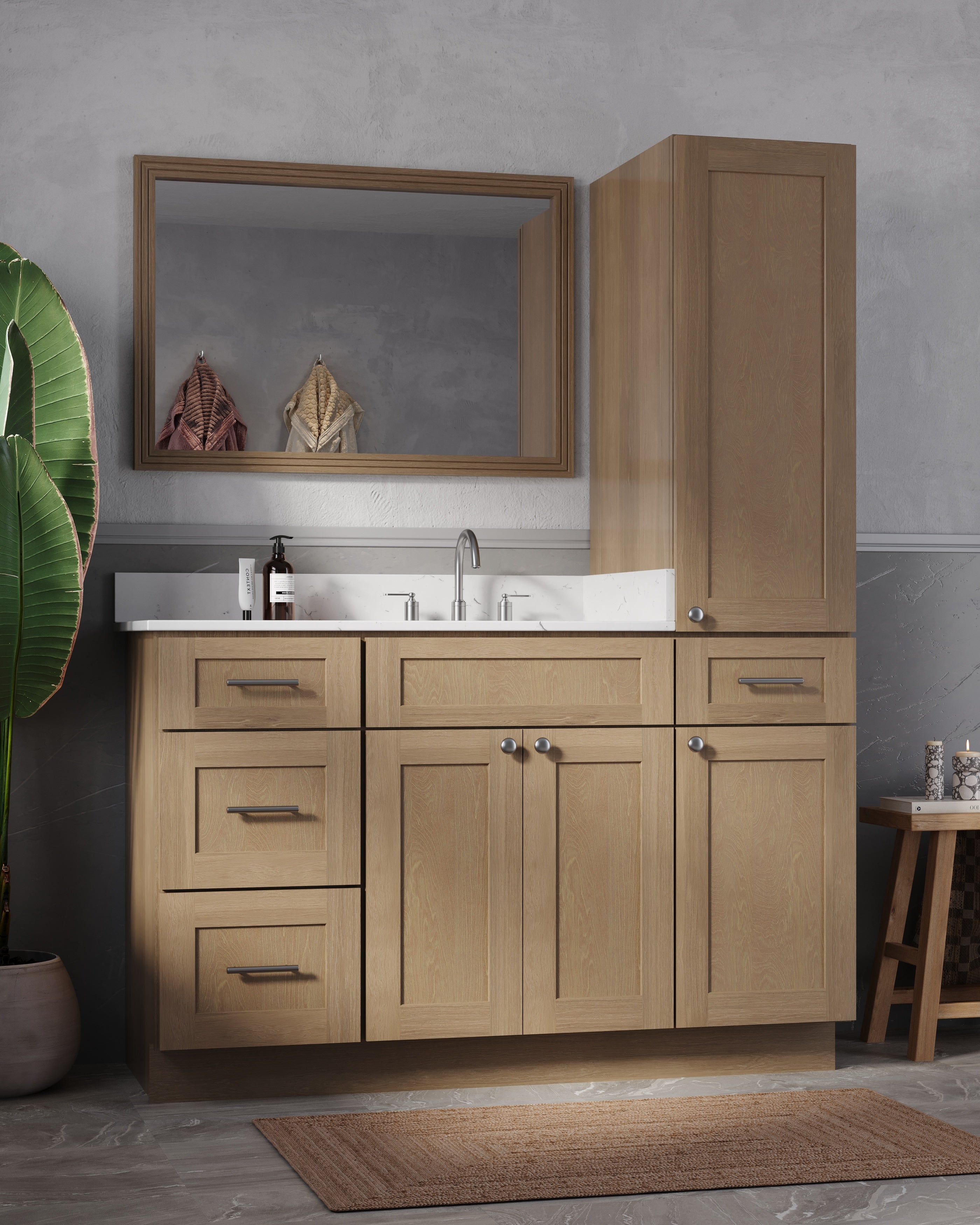 Disar 54'' Single Bathroom Vanity With Right Linen Tall Cabinet Dovetail Solid Wood Drawer Carrara Quartz Top