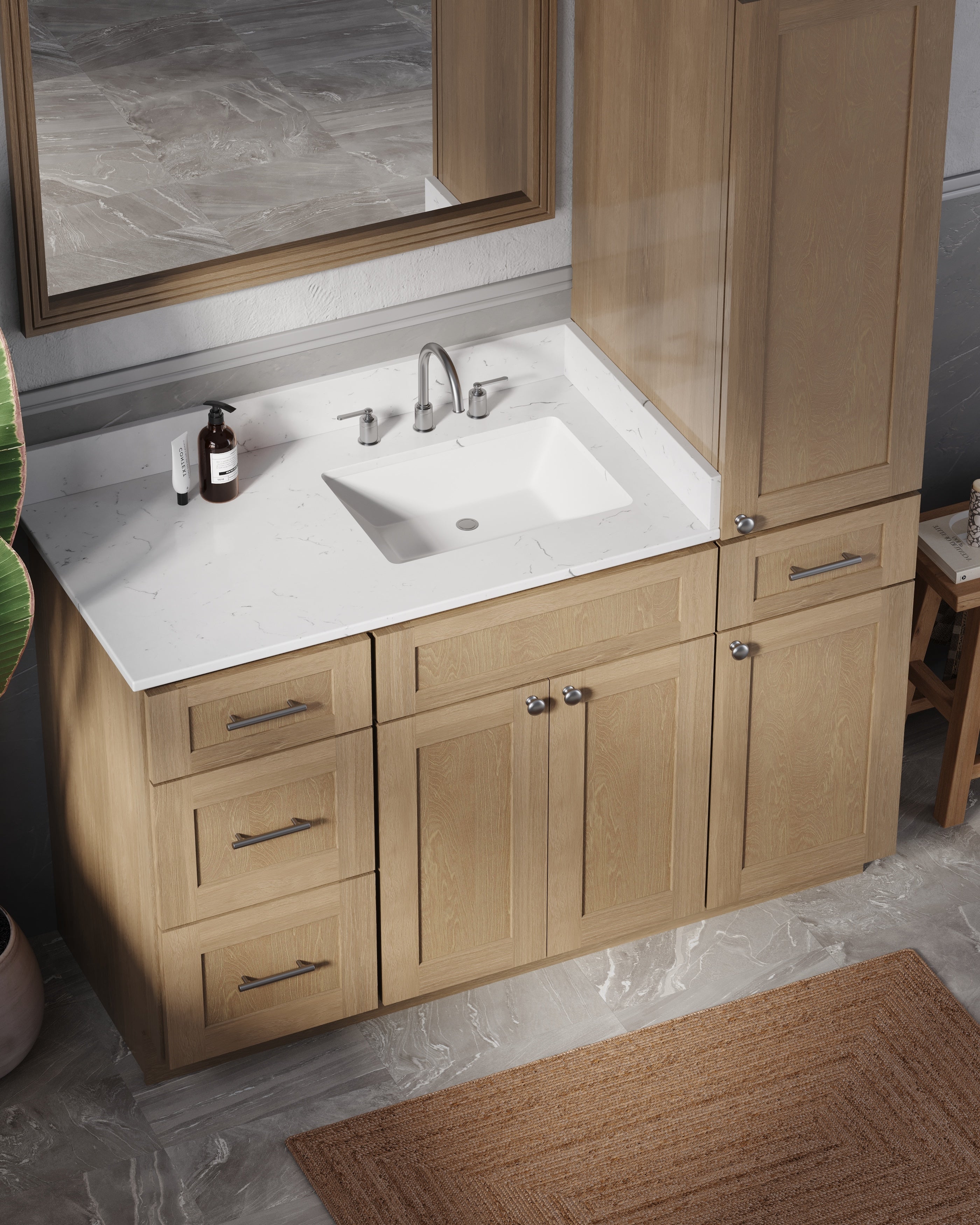Disar 54'' Single Bathroom Vanity With Right Linen Tall Cabinet Dovetail Solid Wood Drawer Carrara Quartz Top