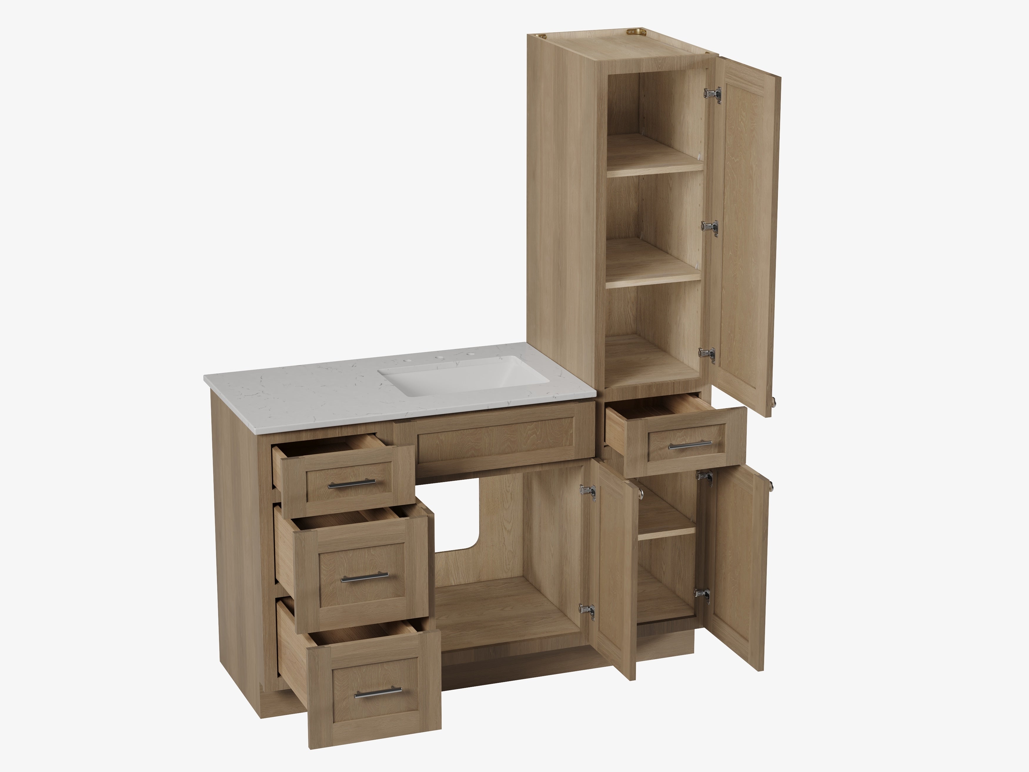 Disar 54'' Single Bathroom Vanity With Right Linen Tall Cabinet Dovetail Solid Wood Drawer Carrara Quartz Top