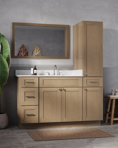 [color:Natural Oak] 57" Single Bathroom Vanity With Right Linen Tall Cabinet, Quartz Top - Natural Oak finish view