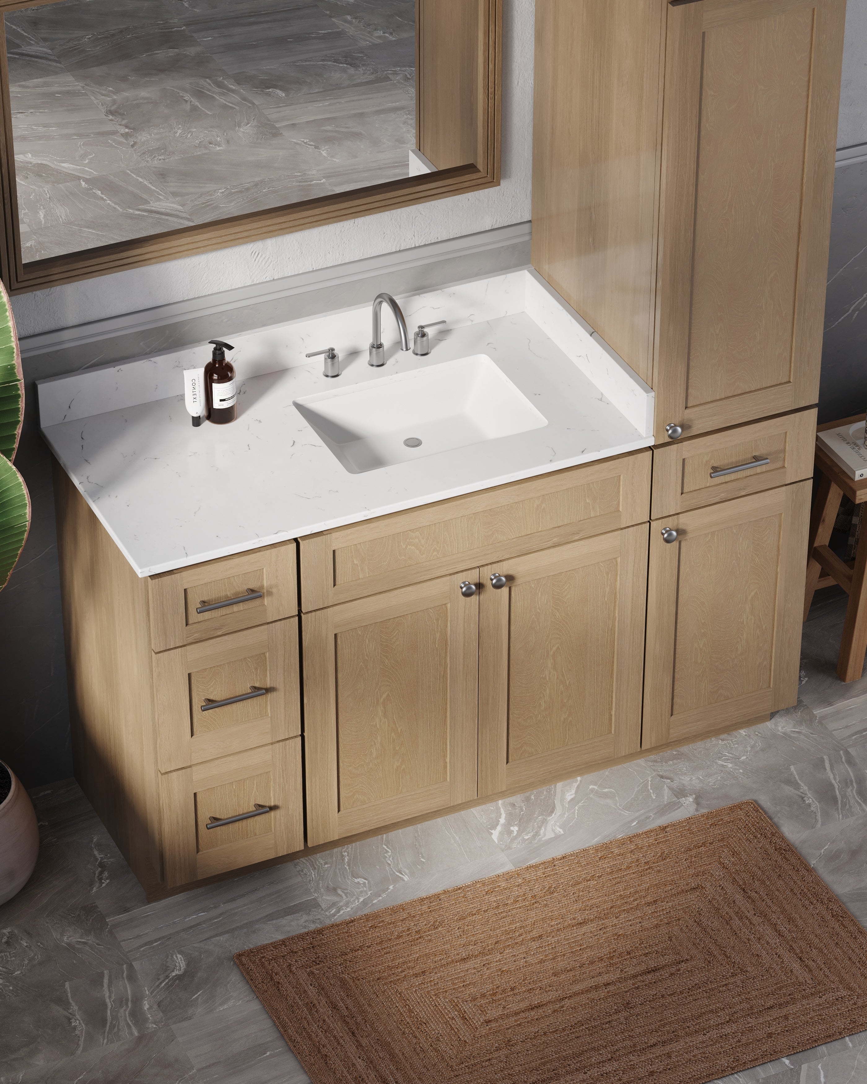 Disar 57" Single Bathroom Vanity With Right Linen Tall Cabinet Dovetail Solid Wood Drawer Carrara Quartz Top