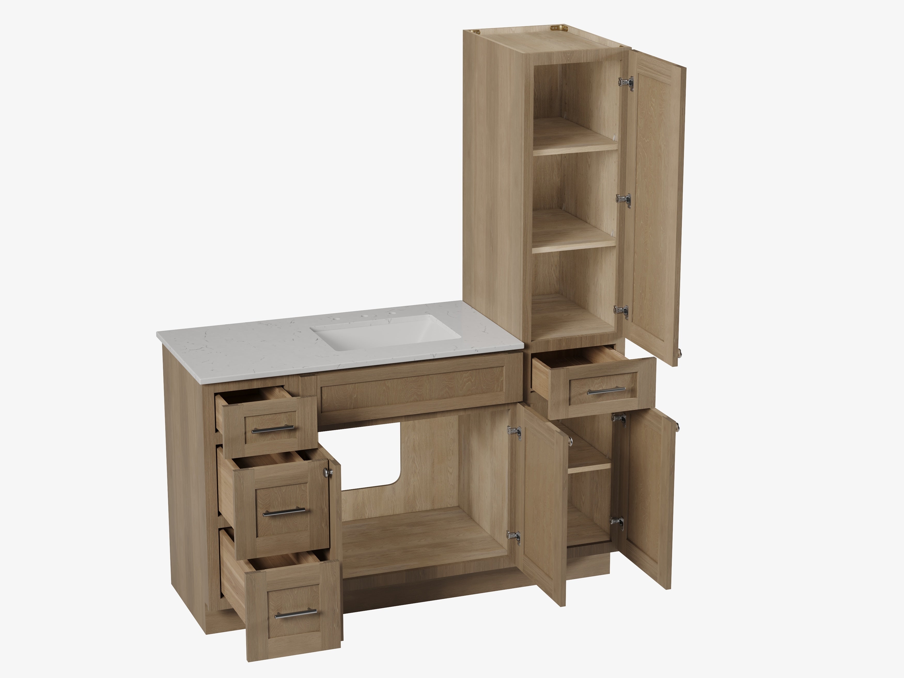 Disar 57" Single Bathroom Vanity With Right Linen Tall Cabinet Dovetail Solid Wood Drawer Carrara Quartz Top