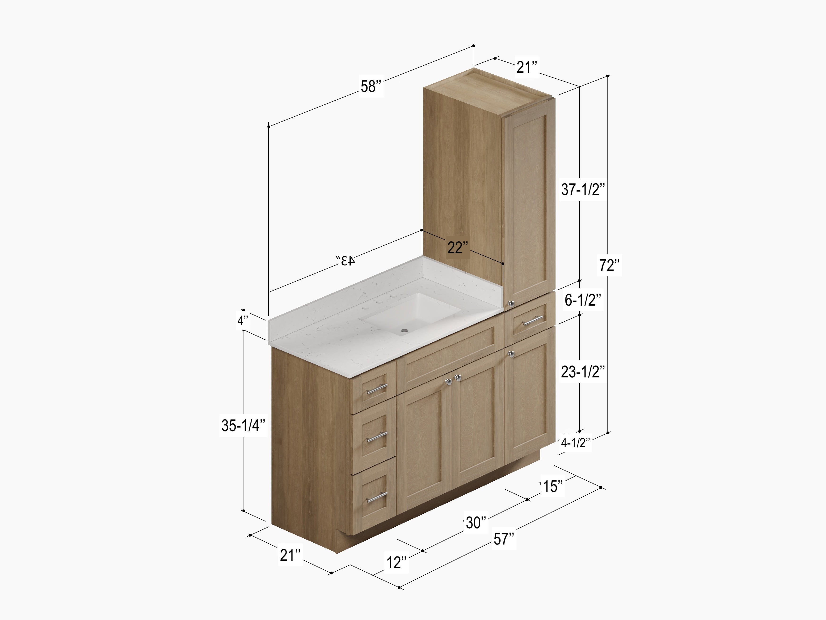 Disar 57" Single Bathroom Vanity With Right Linen Tall Cabinet Dovetail Solid Wood Drawer Carrara Quartz Top