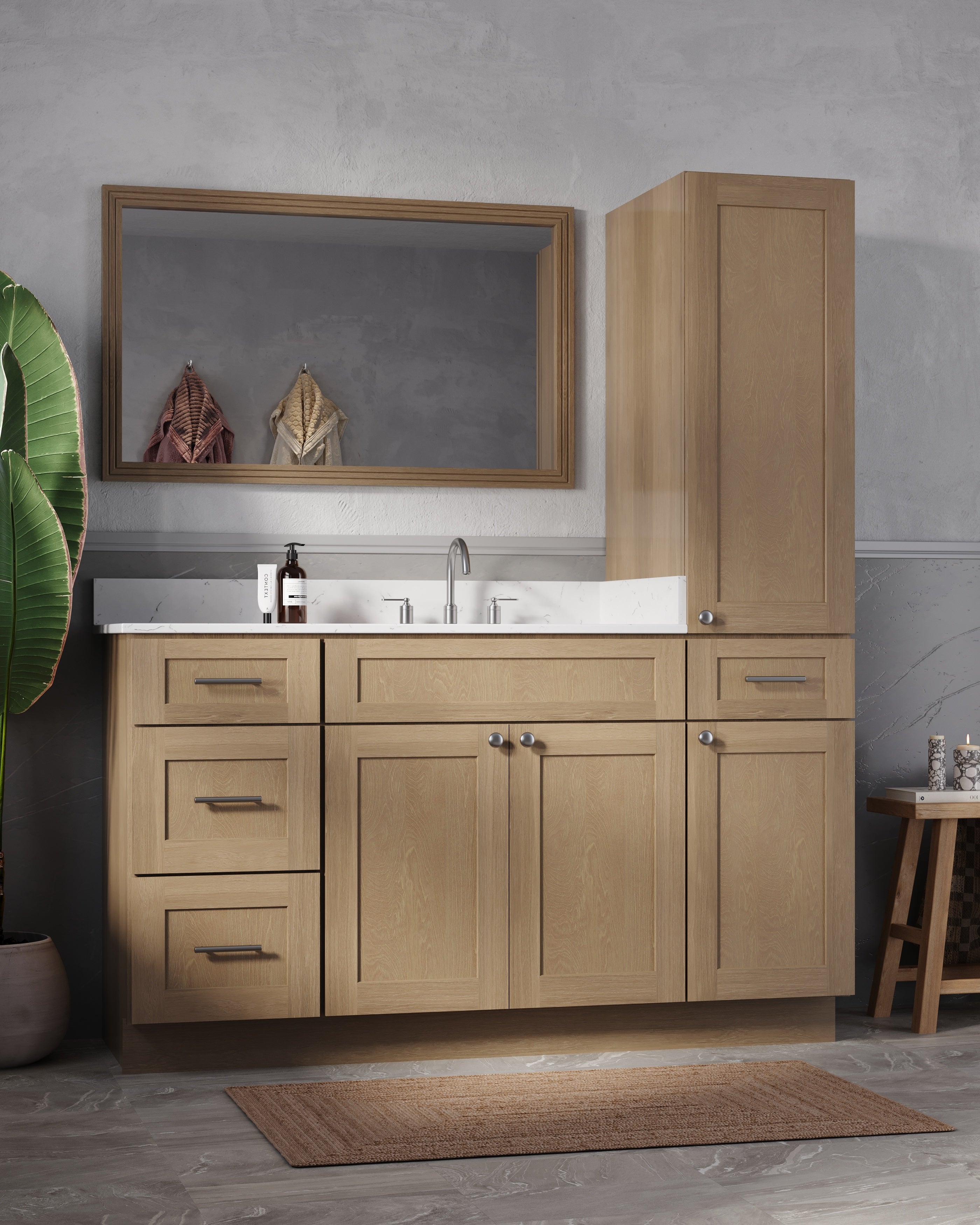 Disar 60'' Single Bathroom Vanity With Right Linen Tall Cabinet Dovetail Solid Wood Drawer Carrara Quartz Top