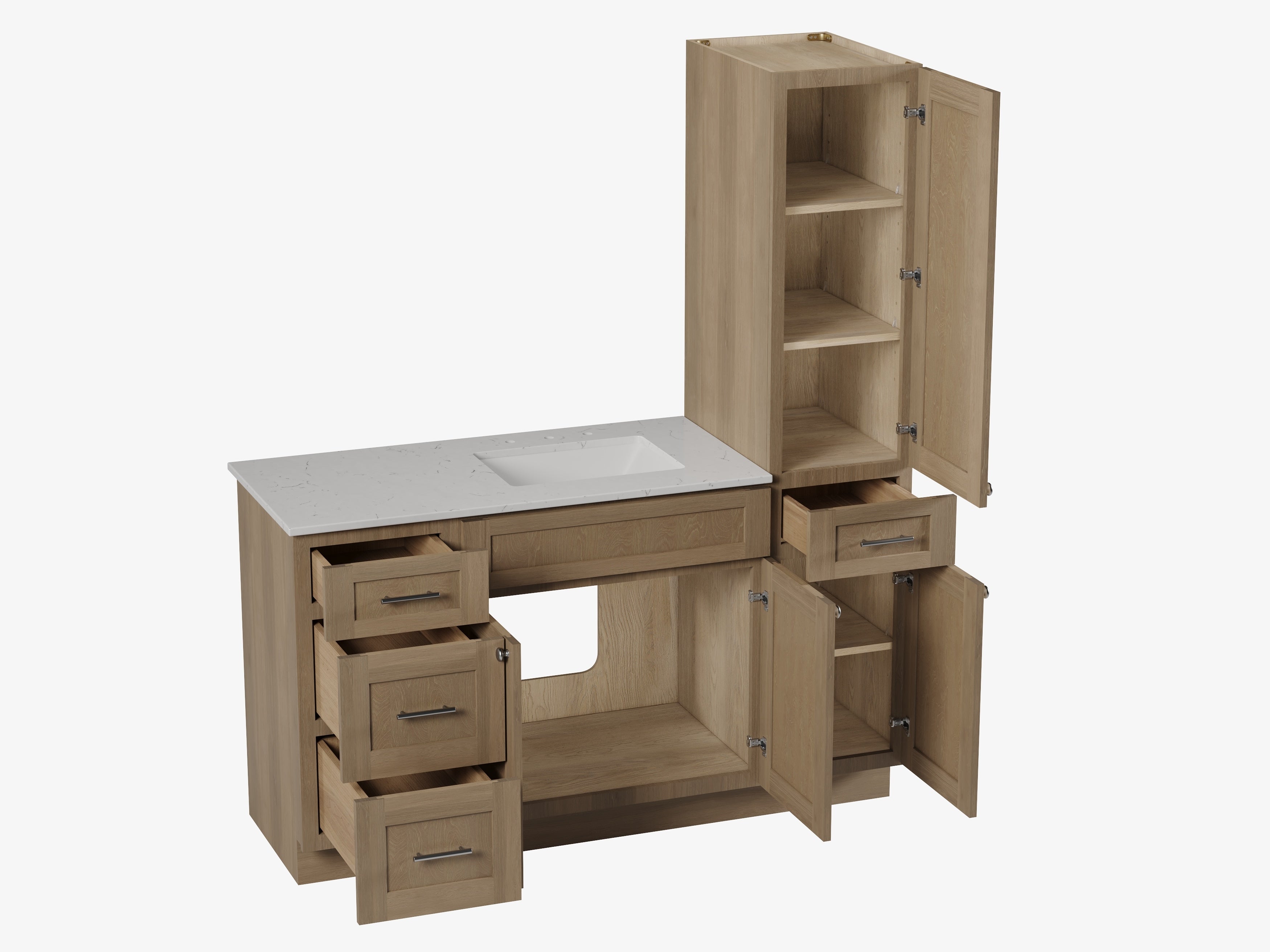 Disar 60'' Single Bathroom Vanity With Right Linen Tall Cabinet Dovetail Solid Wood Drawer Carrara Quartz Top