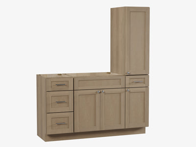 [color:Natural Oak] 60'' Single Bathroom Vanity With Right Tall Linen Cabinet, Base Only - Natural Oak finish view