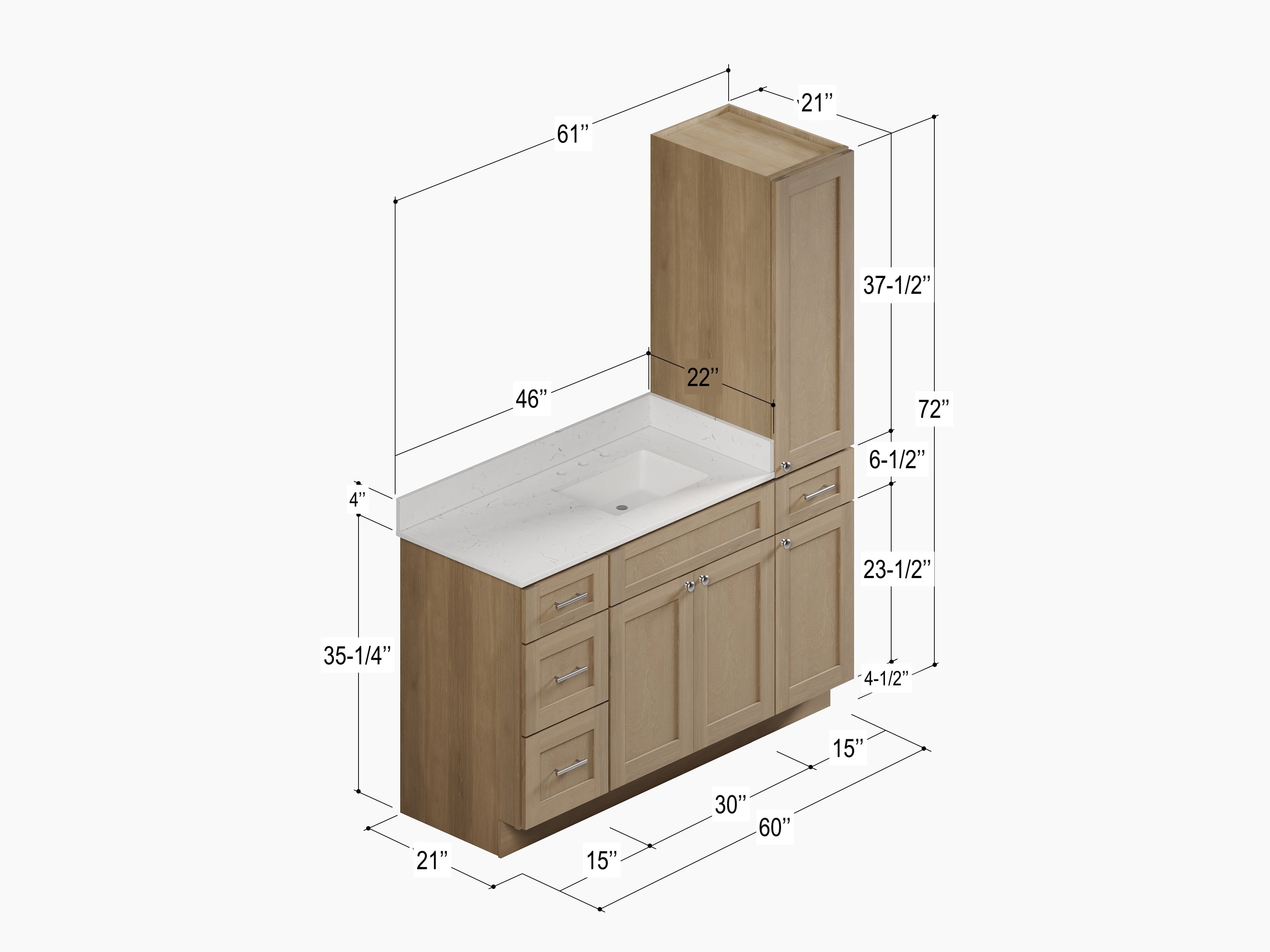 Disar 60'' Single Bathroom Vanity With Right Linen Tall Cabinet Dovetail Solid Wood Drawer Carrara Quartz Top