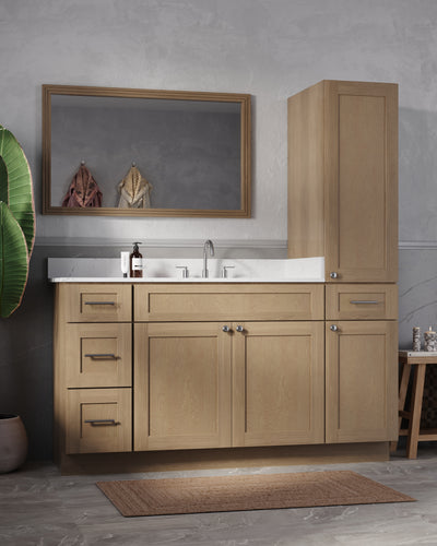 [color:Natural Oak] 63'' Single Bathroom Vanity With Right Linen Tall Cabinet, Quartz Top - Natural Oak finish view