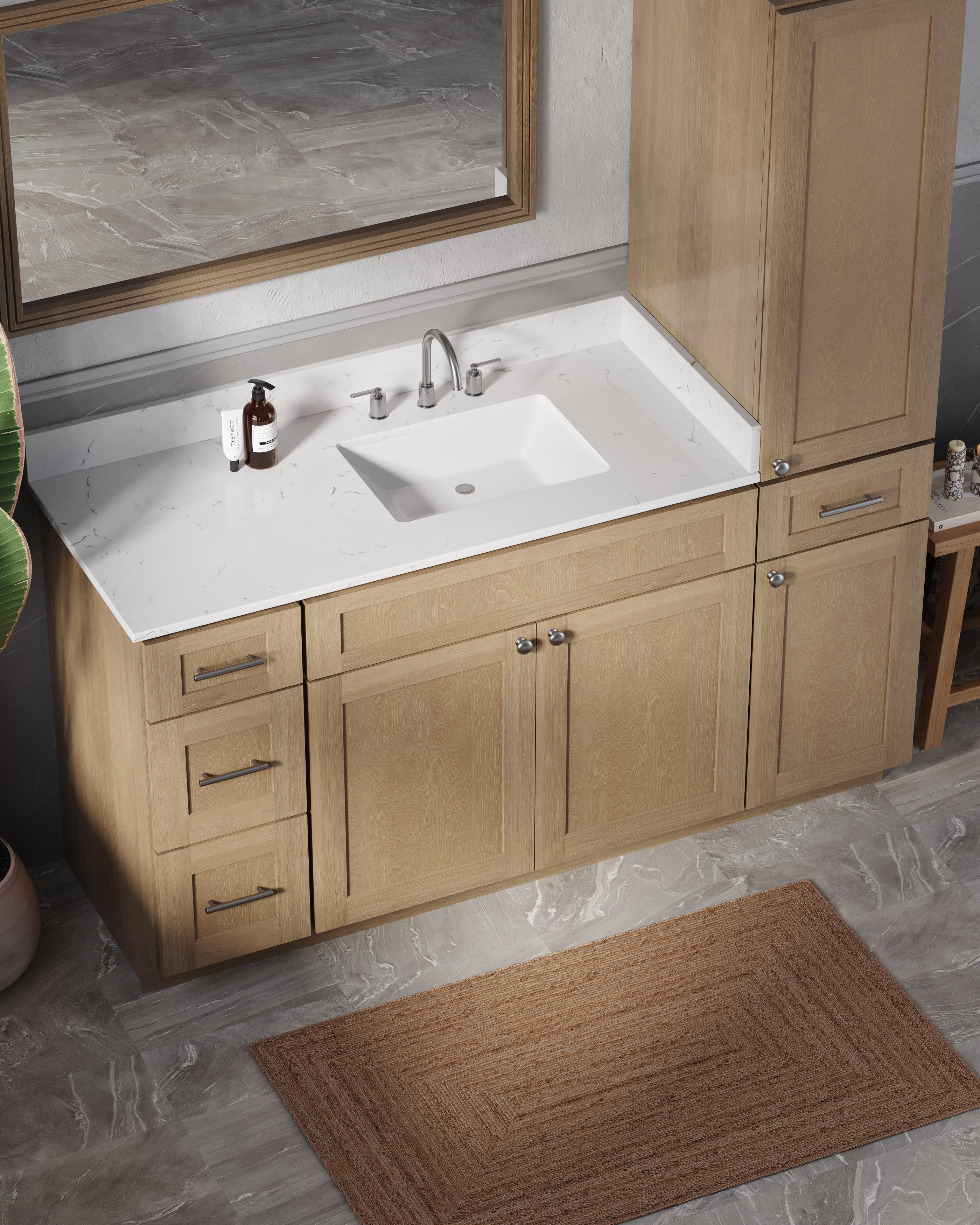 Disar 63'' Single Bathroom Vanity With Right Linen Tall Cabinet Dovetail Solid Wood Drawer Carrara Quartz Top