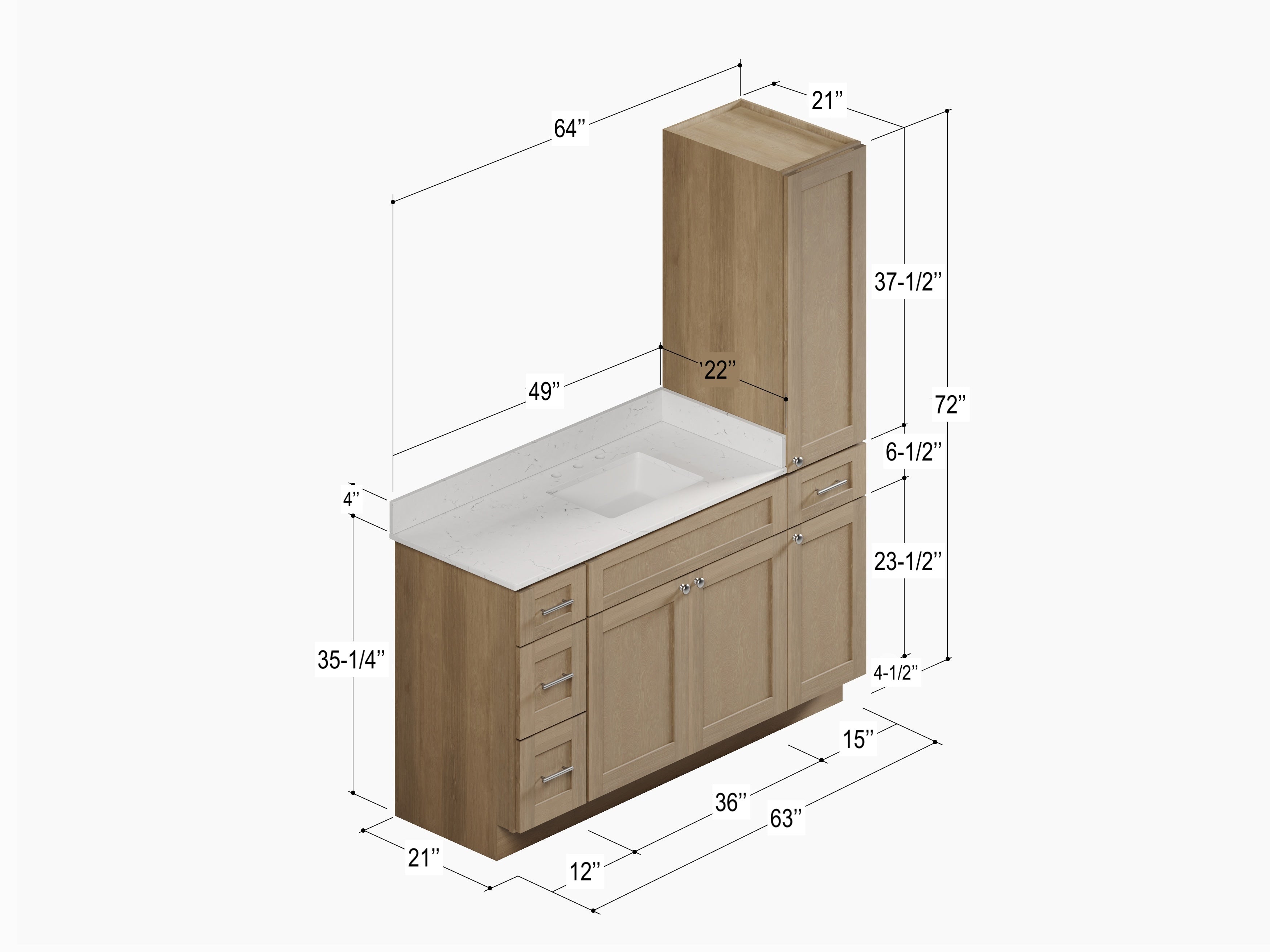 Disar 63'' Single Bathroom Vanity With Right Linen Tall Cabinet Dovetail Solid Wood Drawer Carrara Quartz Top