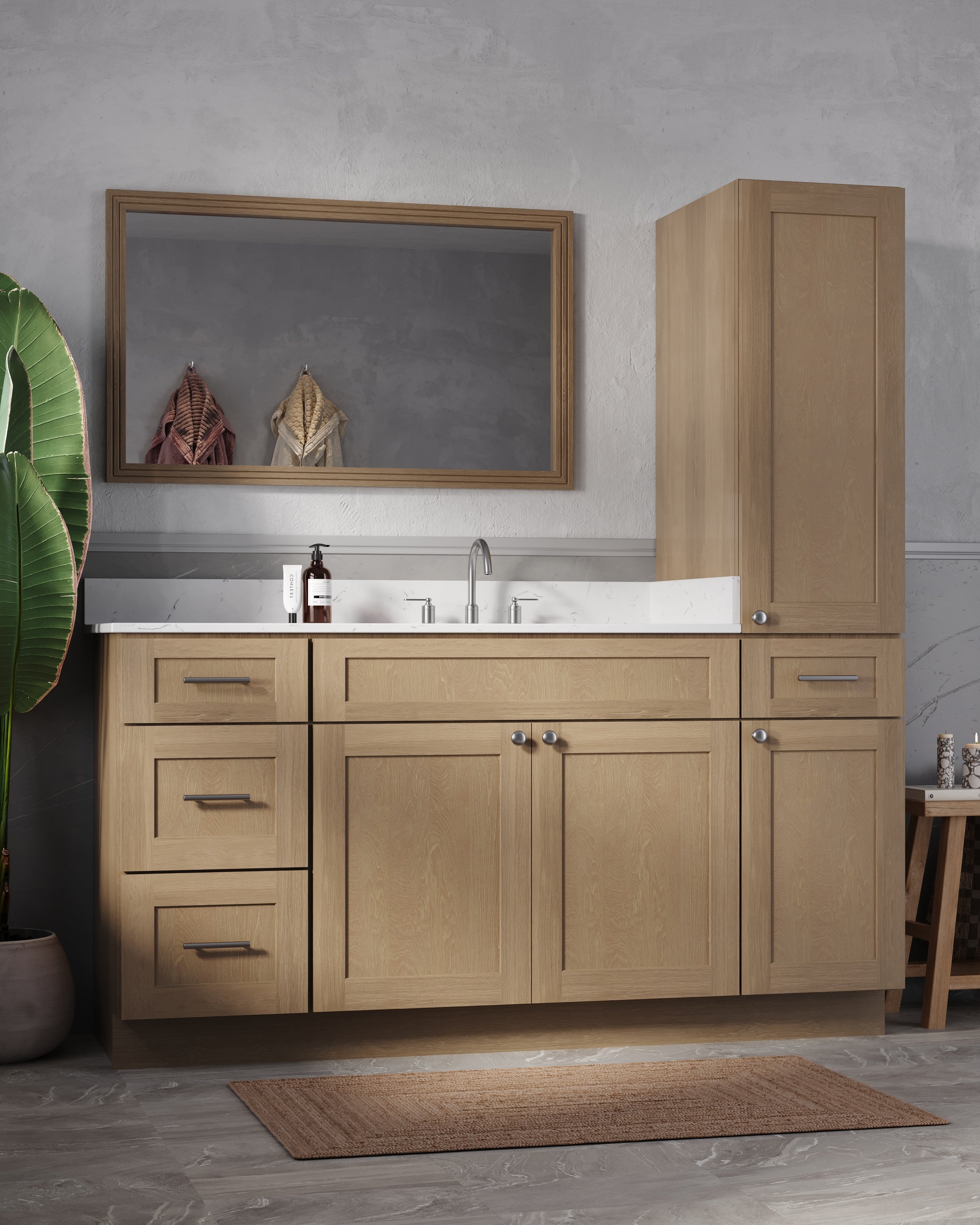 Disar 66'' Single Bathroom Vanity With Right Linen Tall Cabinet Dovetail Solid Wood Drawer Carrara Quartz Top
